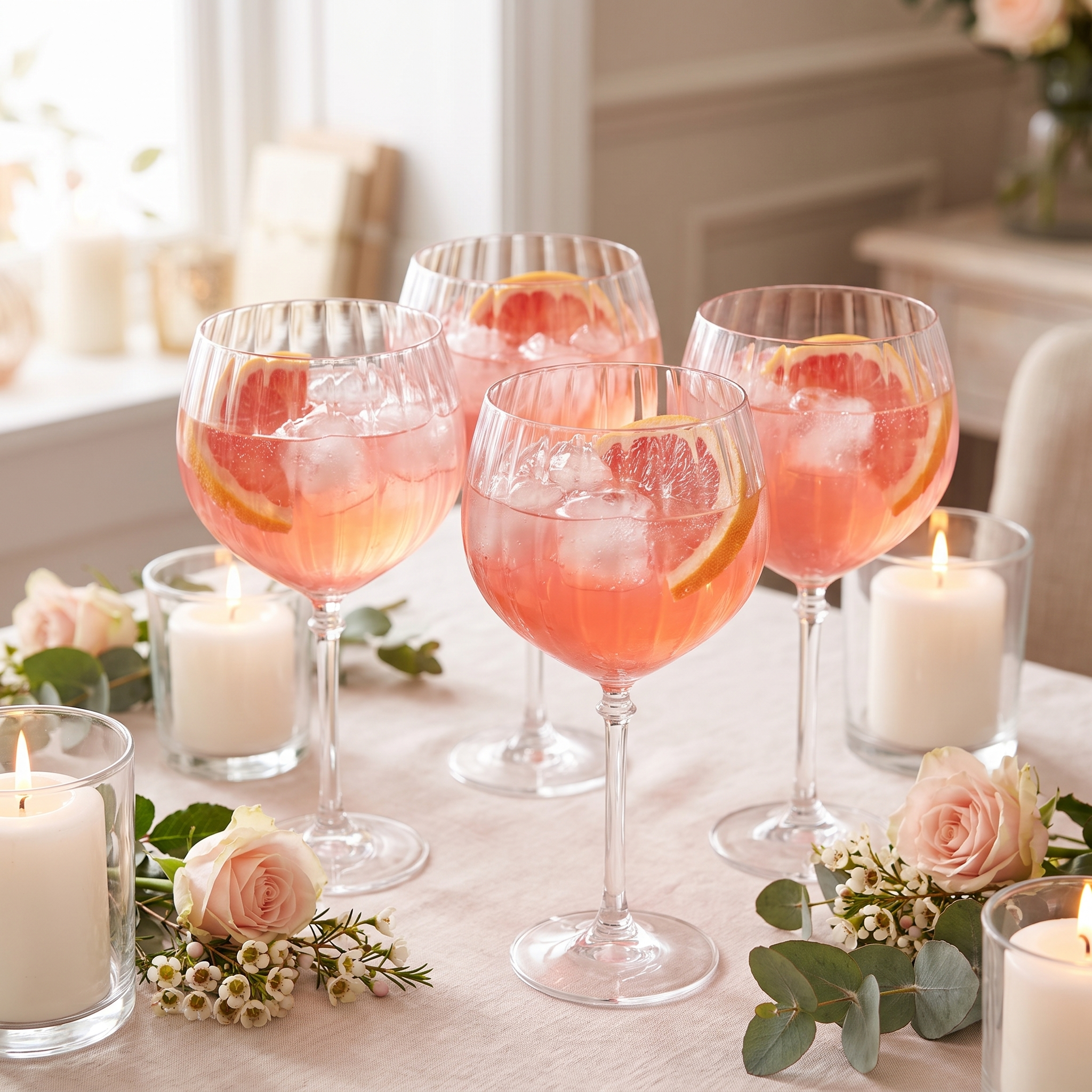 Vier gin tonic glazen met roze cocktail samen op een feesttafel met linnen, kaarsen en bloemen