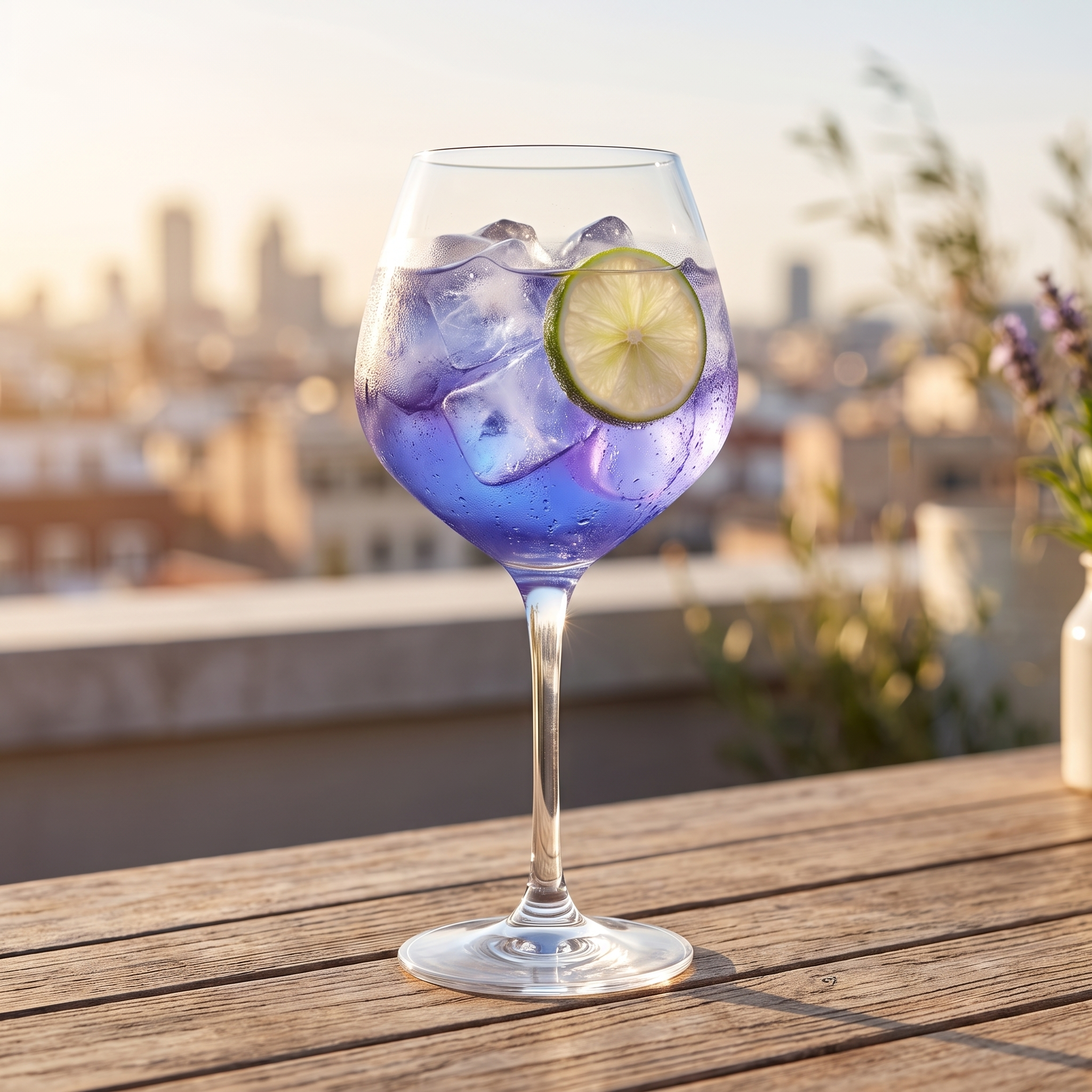 Gin tonic glas met violetblauwe cocktail op een dakterras met de skyline op de achtergrond