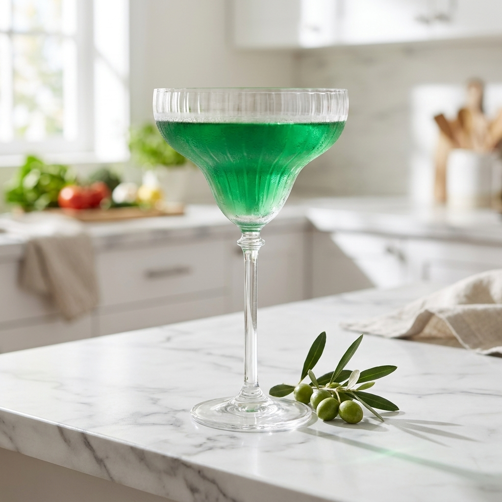 Bonheur cocktailglas met groene cocktail op een wit marmeren keukeneiland met olijftakje
