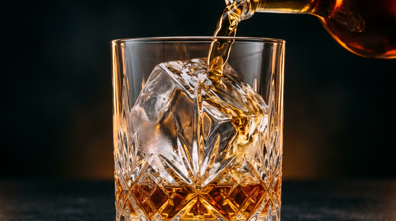Groot helder ijsblok in een kristallen whiskyglas waar sterke drank overheen wordt geschonken