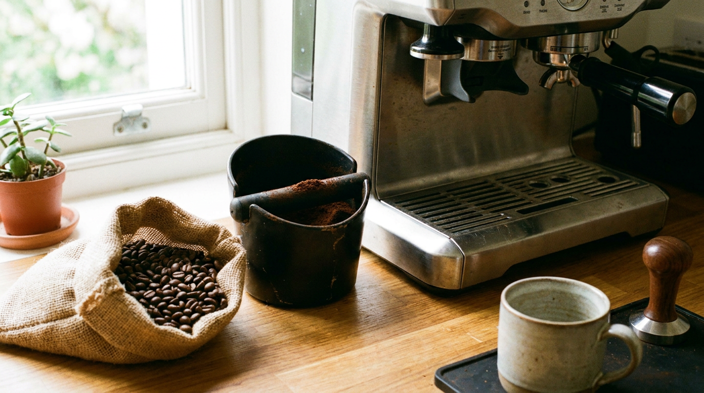 Vrijstaande zwarte knockbox naast een espressomachine op het aanrecht thuis