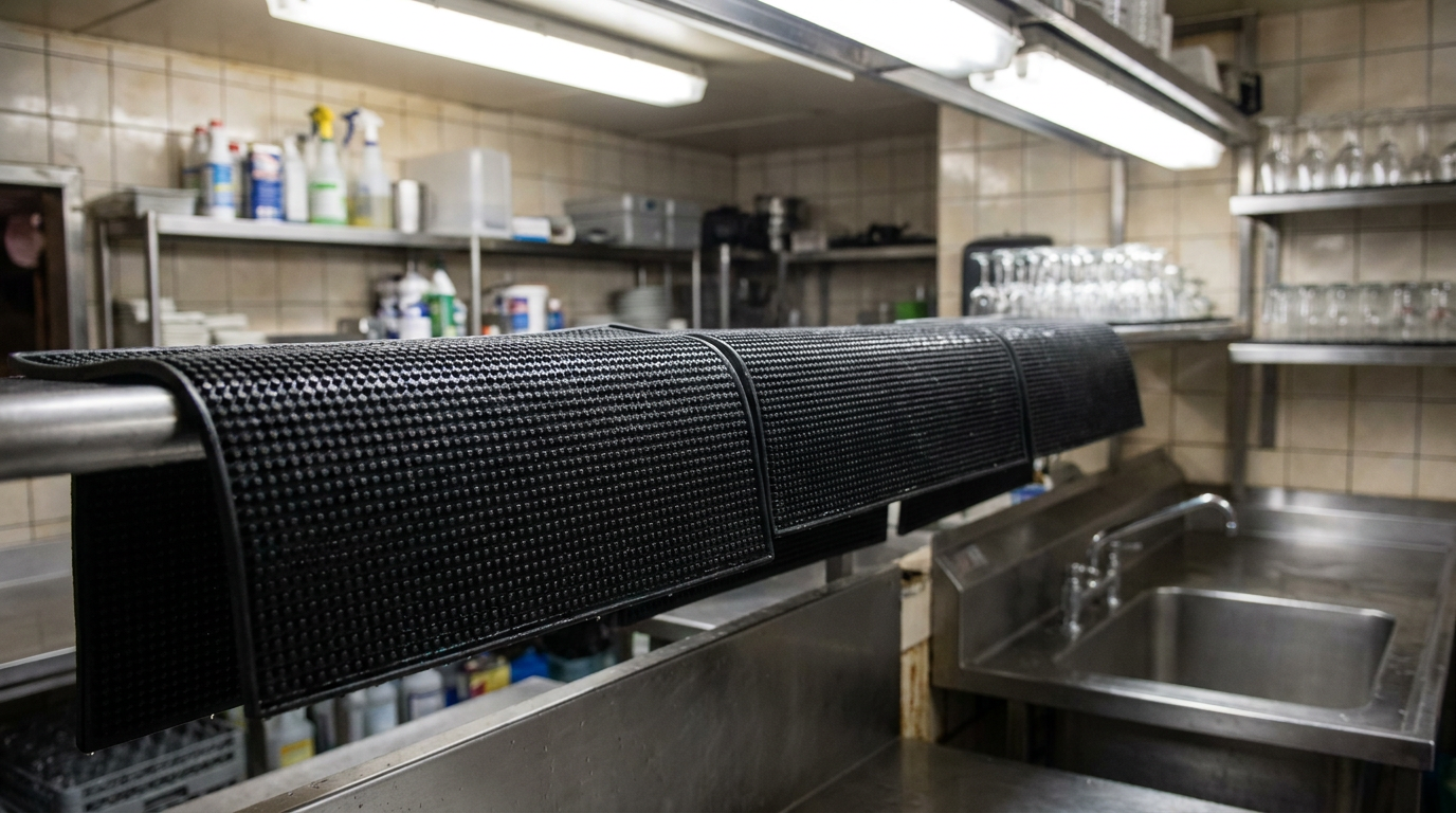 Schone antislipmatten hangen plat te drogen boven een rail naast de spoelbak