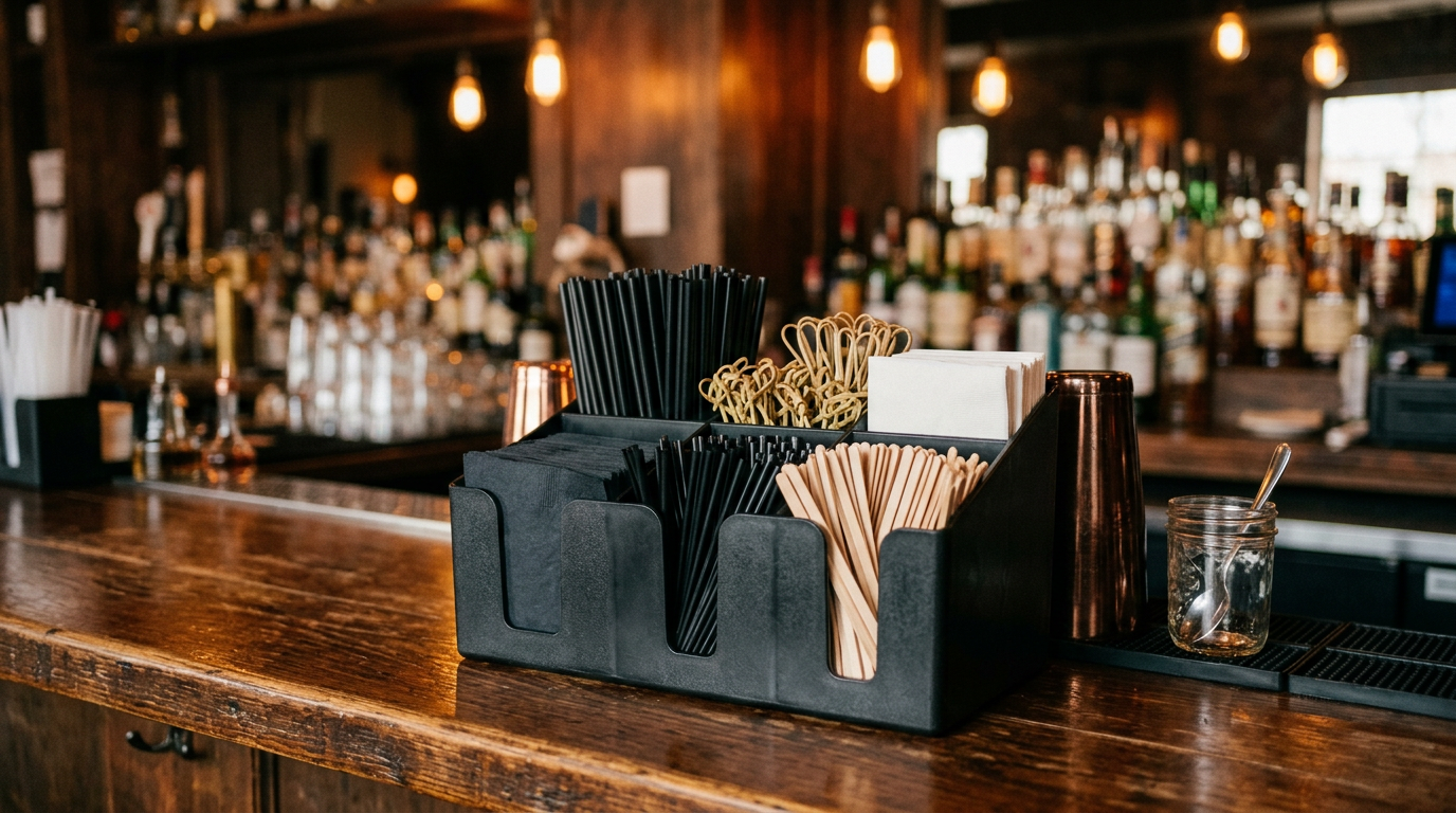 Barcaddy met zes vakken gevuld met rietjes, roerstaafjes, servetten en prikkers