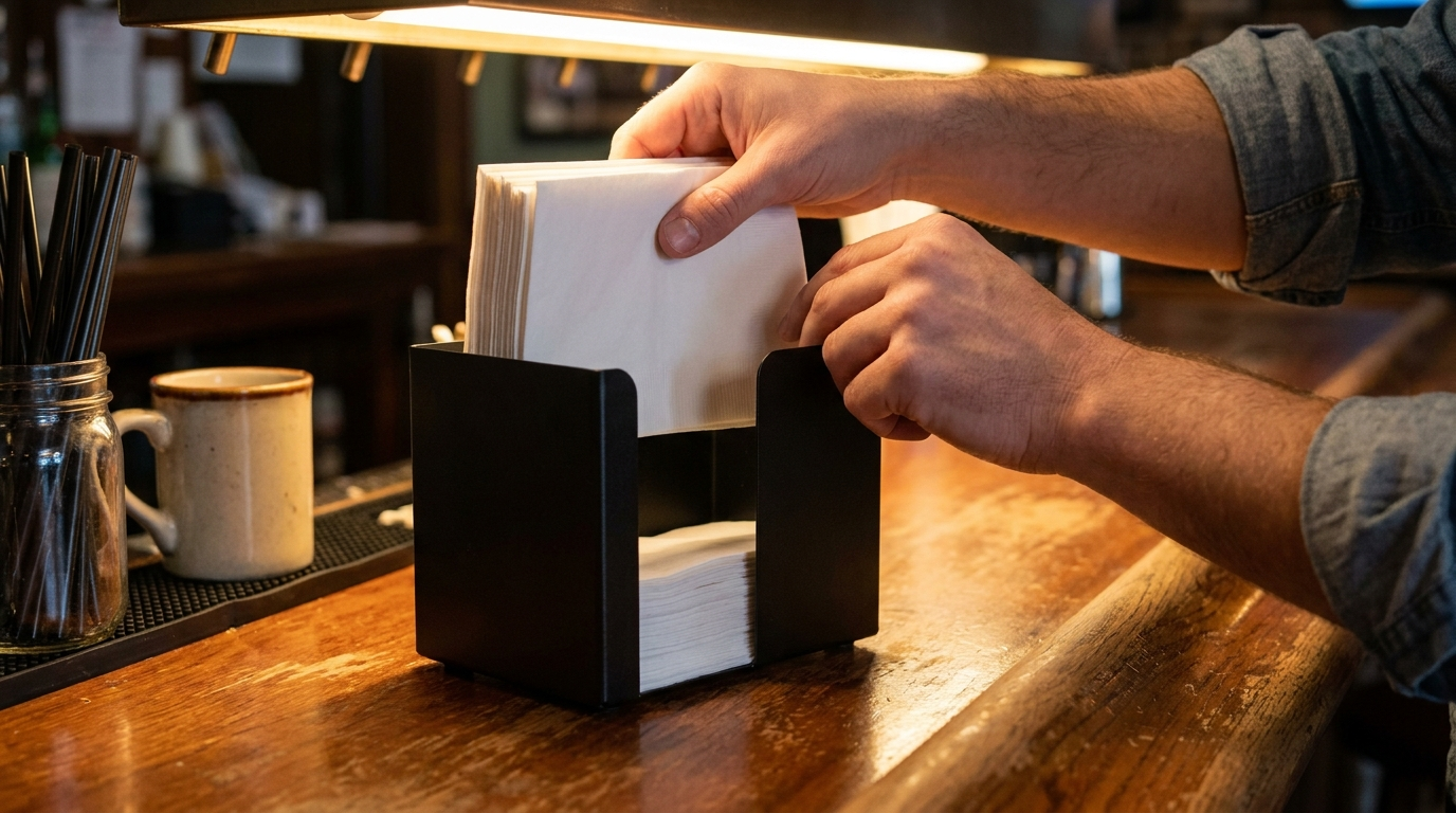 Servettenhouder wordt halfvol bijgevuld met verse witte servetten