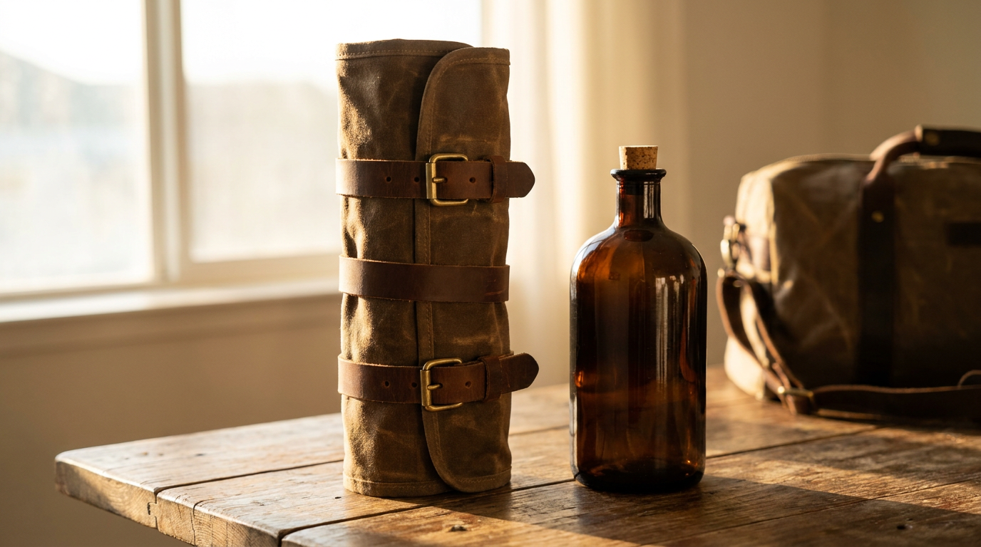 Opgerolde bruine canvas bartender roll met vastgegespte leren riemen op een houten tafel