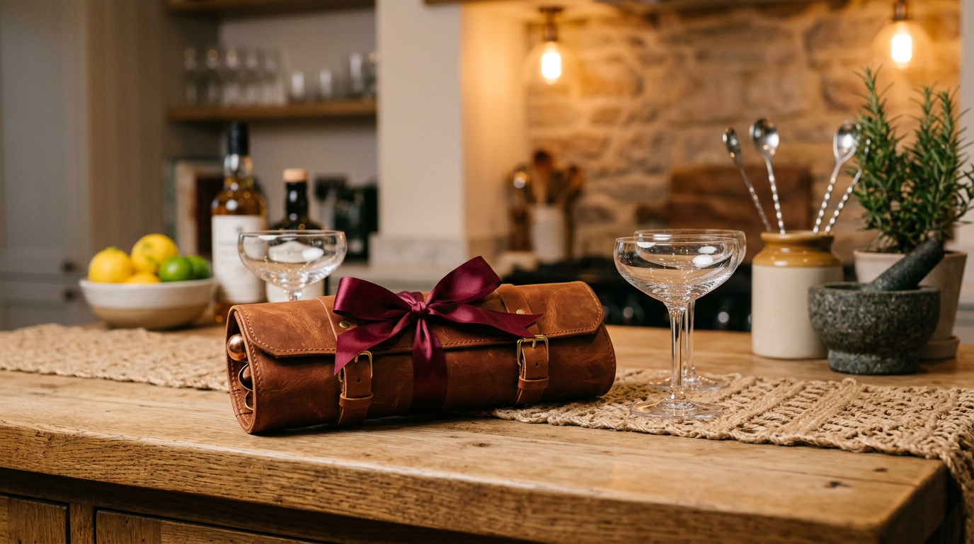 Koperen bartender roll met lint op een keukeneiland naast twee coupes