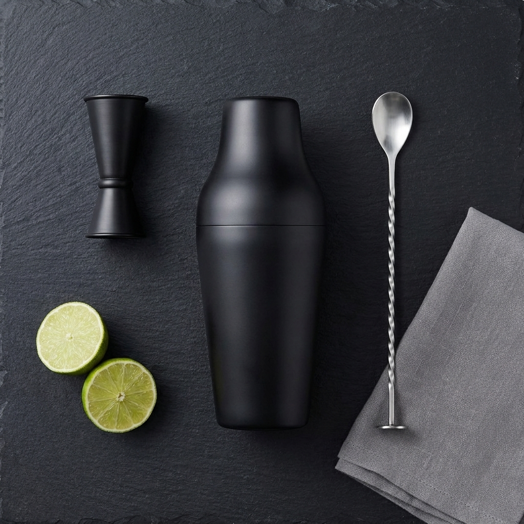 Zwarte Parisian shaker met jigger, barlepel en limoen op leisteen van bovenaf
