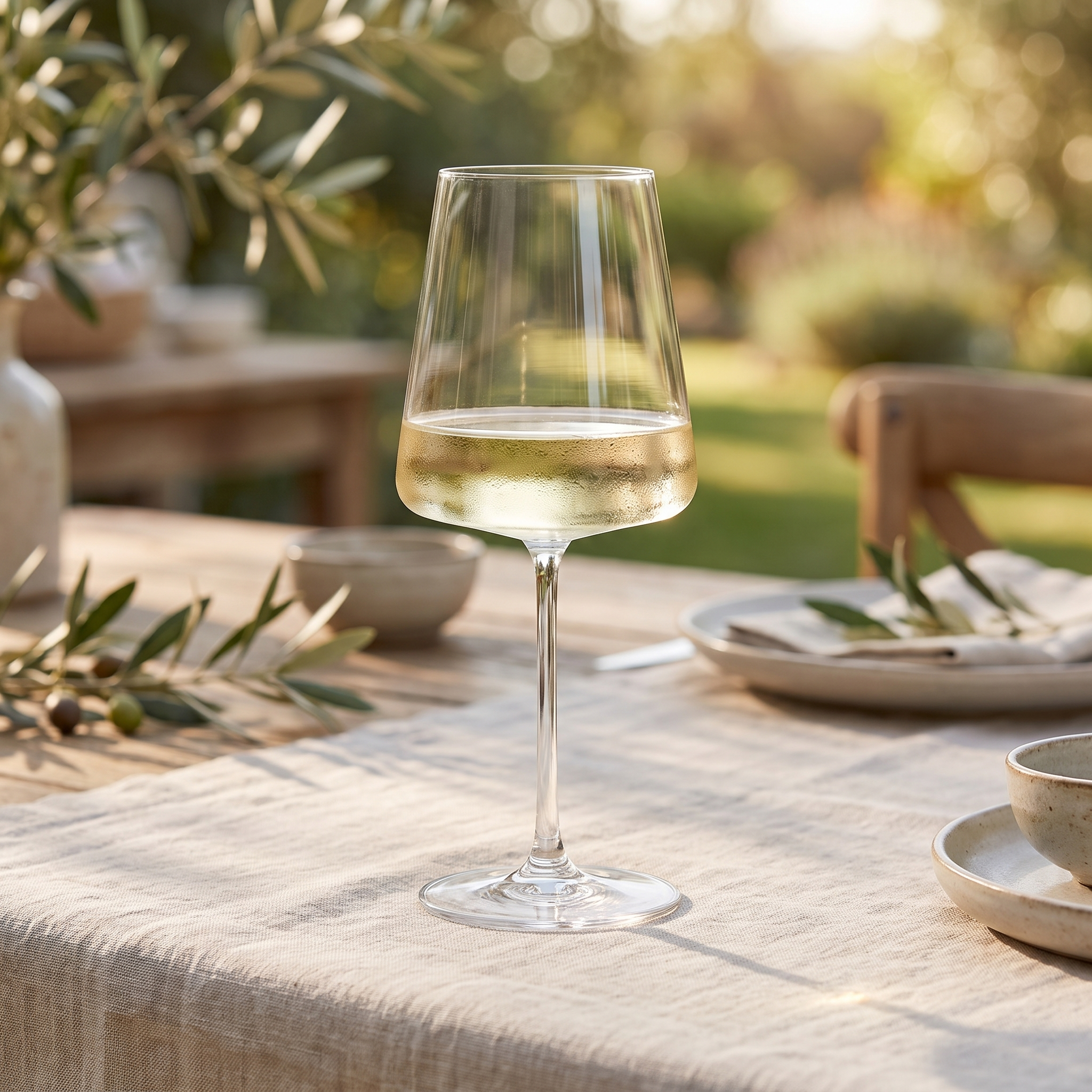 Stolzle Lausitz Power wijnglas 52 cl met witte wijn op een gedekte zomertafel
