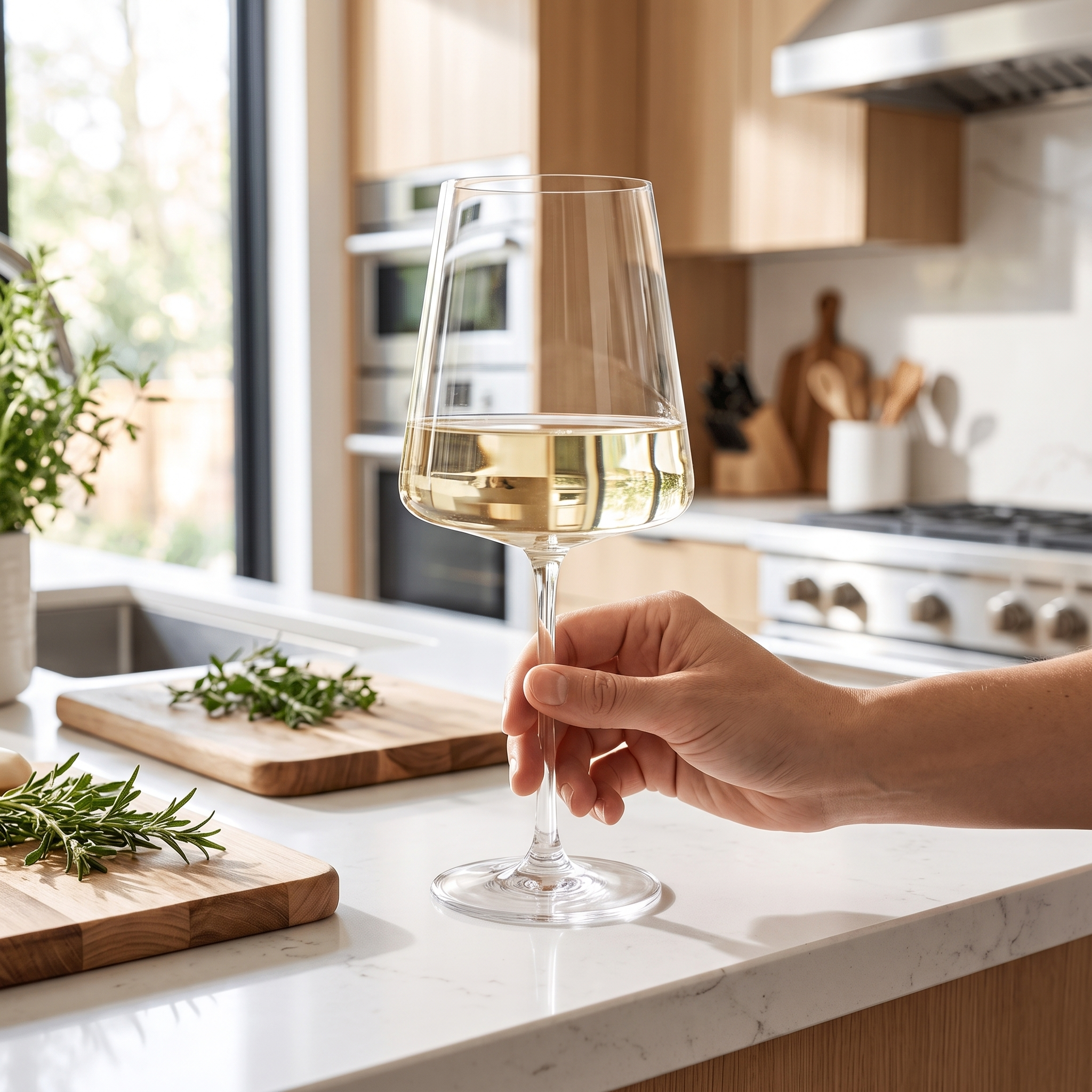 Stolzle Lausitz Power wijnglas 52 cl met witte wijn in de hand in de keuken