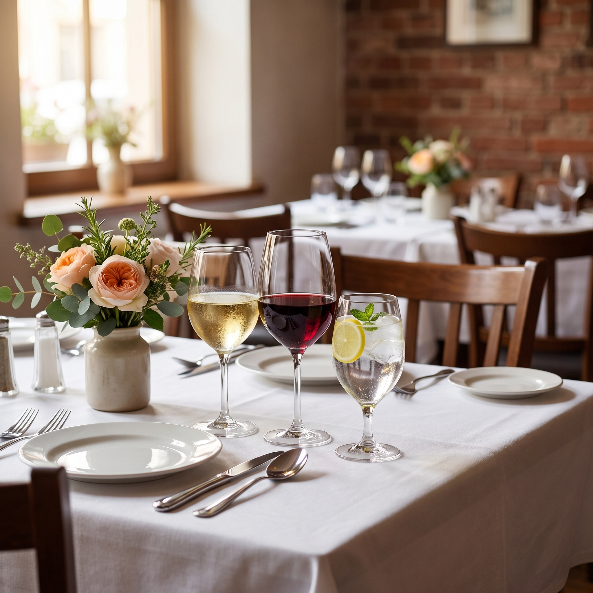 Schott Zwiesel Banquet glazenset op een gedekte restauranttafel met witte wijn, rode wijn en water