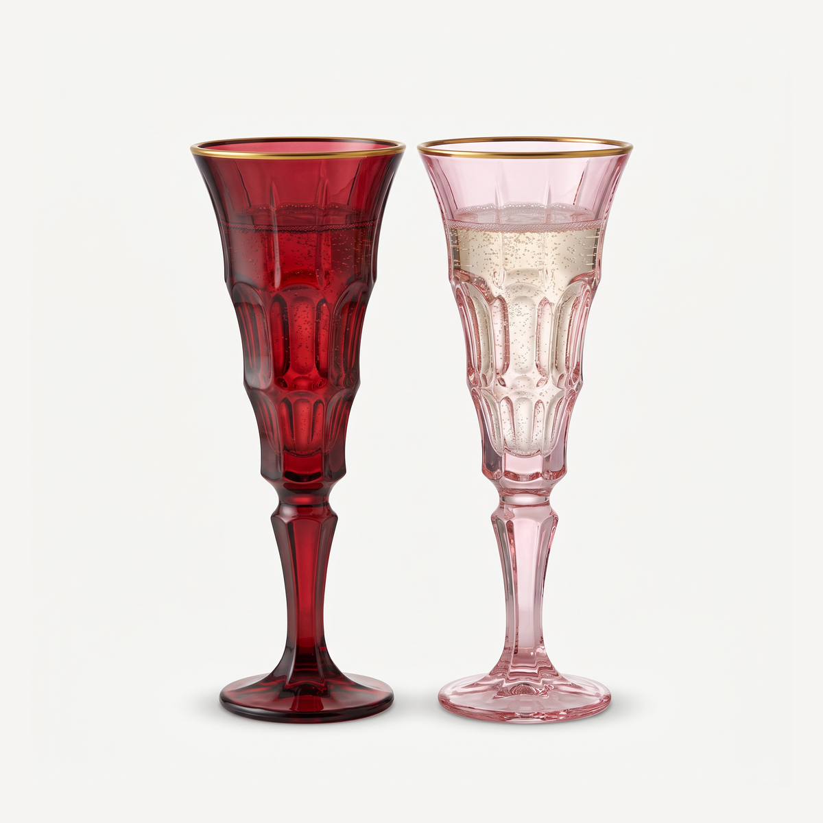 J-Line Champagneglas Reliëf Gouden Rand Groot Bordeaux/Lichtroze Assorti - 2 Stuks gevuld op gebroken witte achtergrond