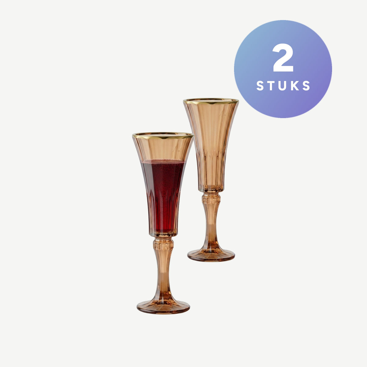 J-Line Champagneglas Reliëf Gouden Rand Klein Okergeel/Brons Assorti - 2 Stuks, setbeeld met 2 stuks