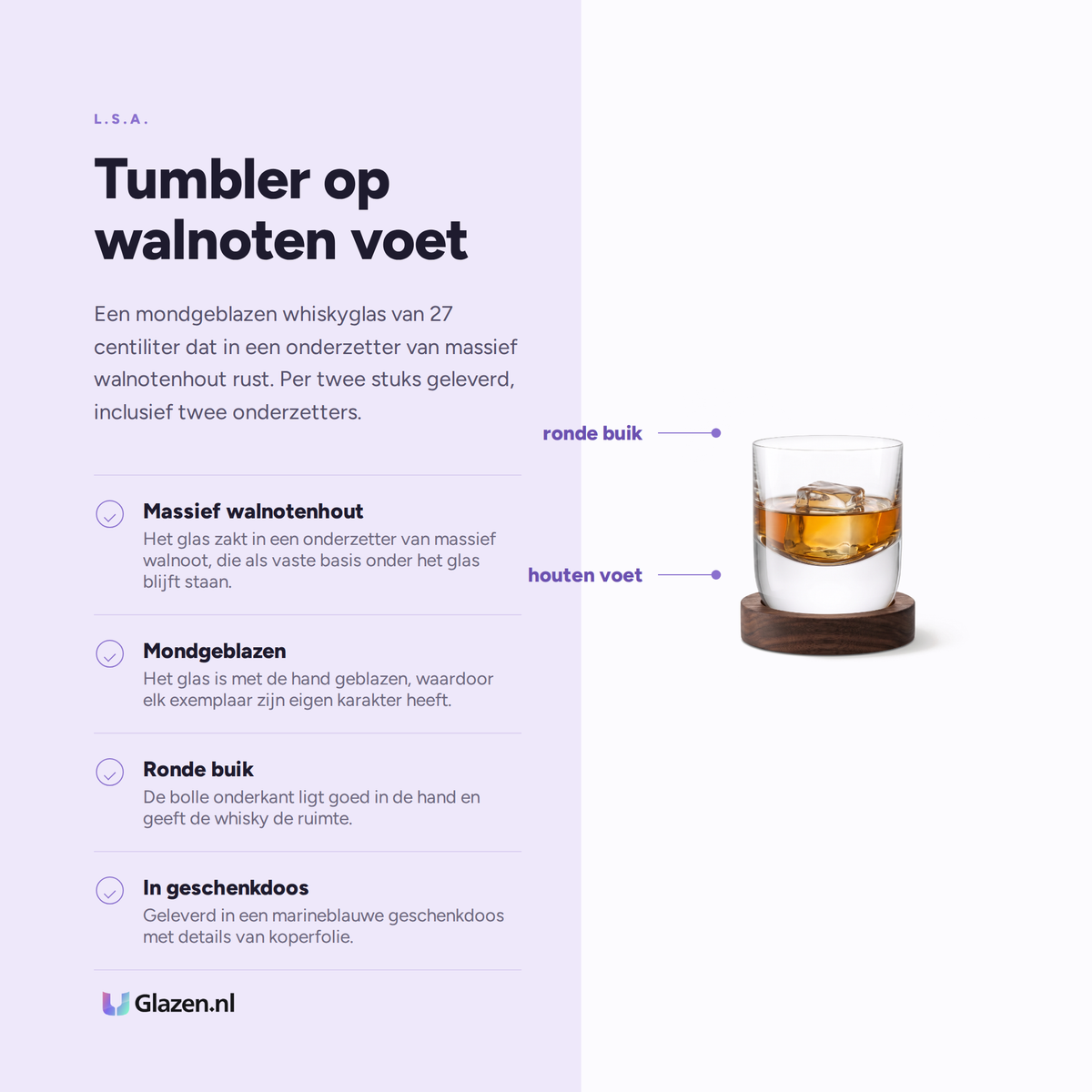 L.S.A. Whisky Tumbler 27 Cl met Onderzetter - 2 Stuks eigenschappen infographic