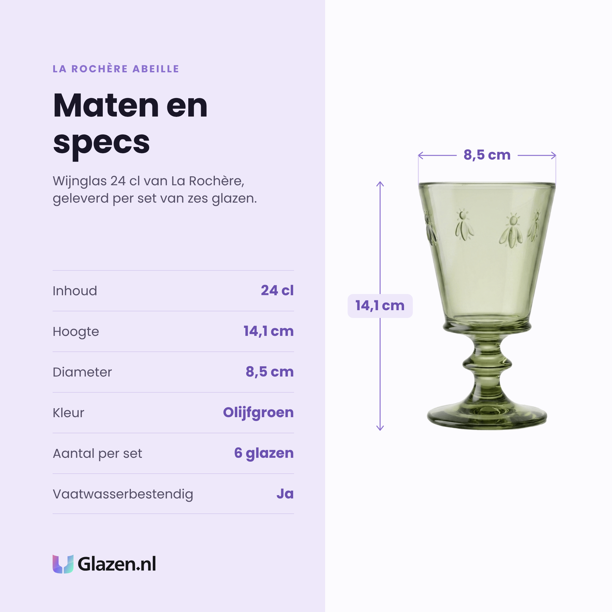 La Rochère Abeille wijnglas 24 cl olijfgroen specificaties: inhoud 24 cl, hoogte 14,1 cm, diameter 8,5 cm, olijfgroen, set van 6