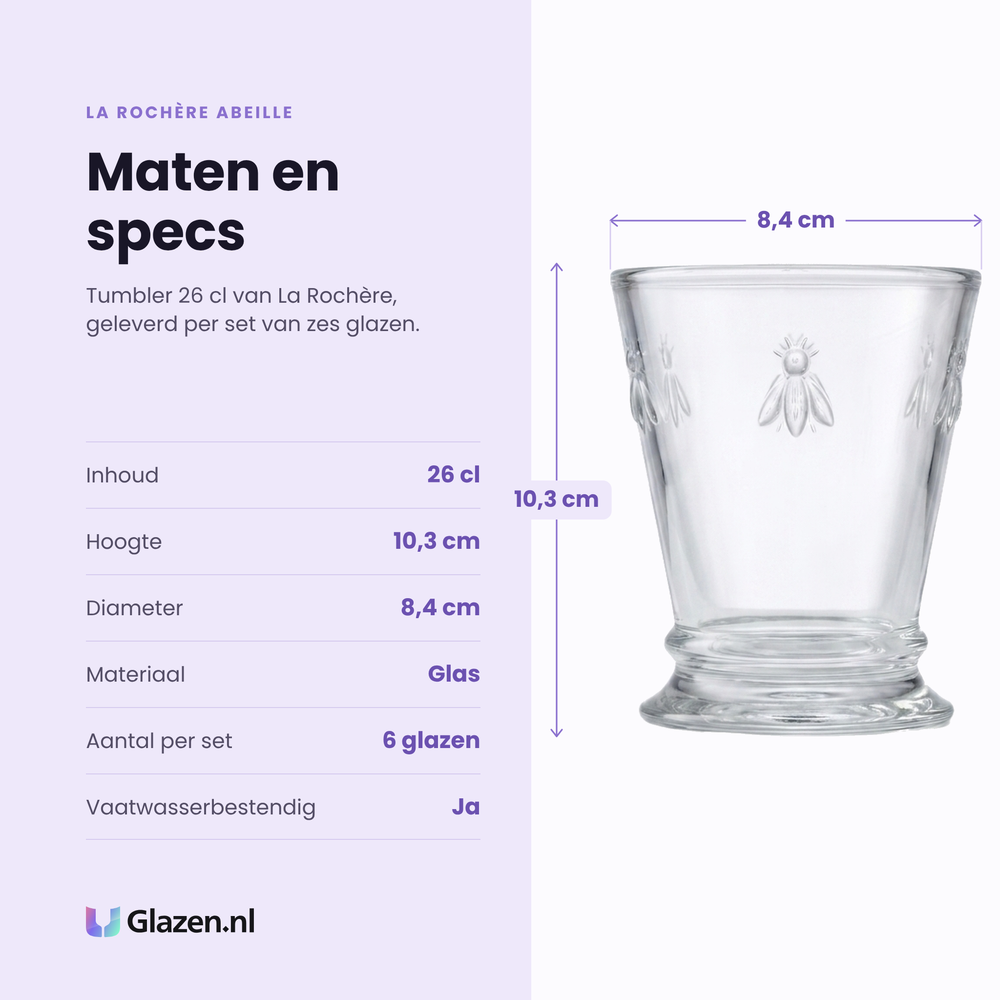 La Rochère Abeille tumbler 26 cl specificaties: inhoud 26 cl, hoogte 10,3 cm, diameter 8,4 cm, glas, set van 6