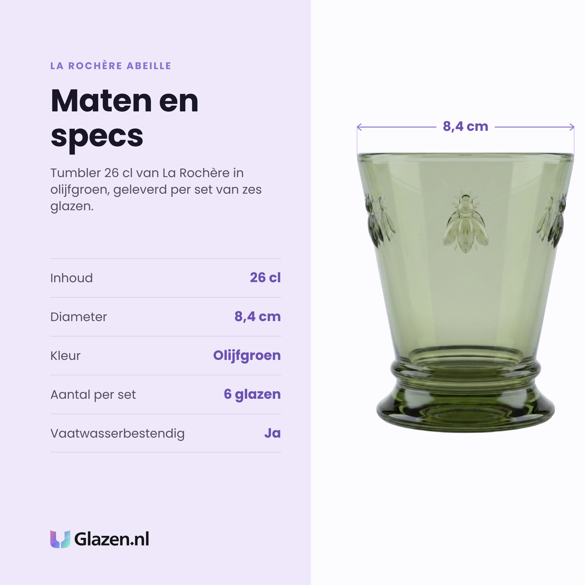 La Rochère Abeille tumbler 26 cl olijfgroen specificaties: inhoud 26 cl, diameter 8,4 cm, olijfgroen glas, set van 6