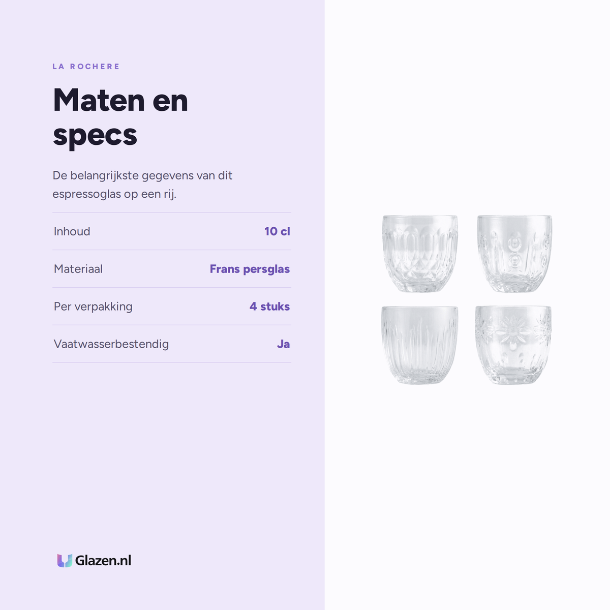 Maten en specs van het La Rochère Abeille Espressoglas 10 cl Assorti, 4 Stuks