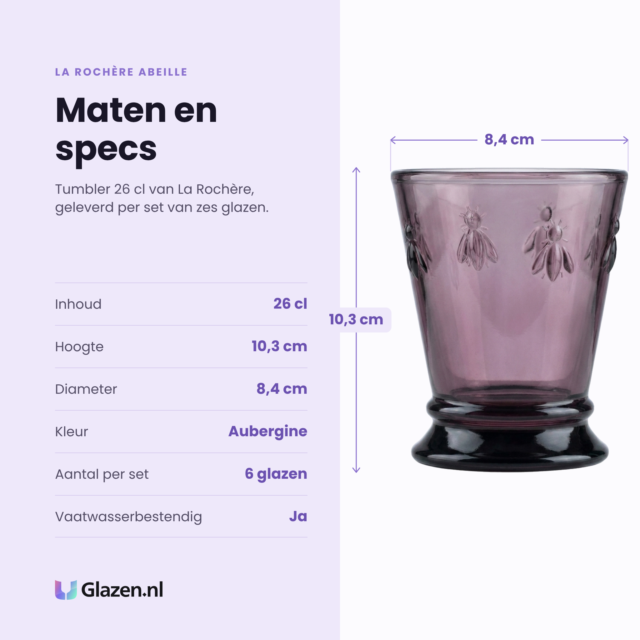La Rochère Abeille tumbler 26 cl specificaties: inhoud 26 cl, hoogte 10,3 cm, diameter 8,4 cm, aubergine, set van 6