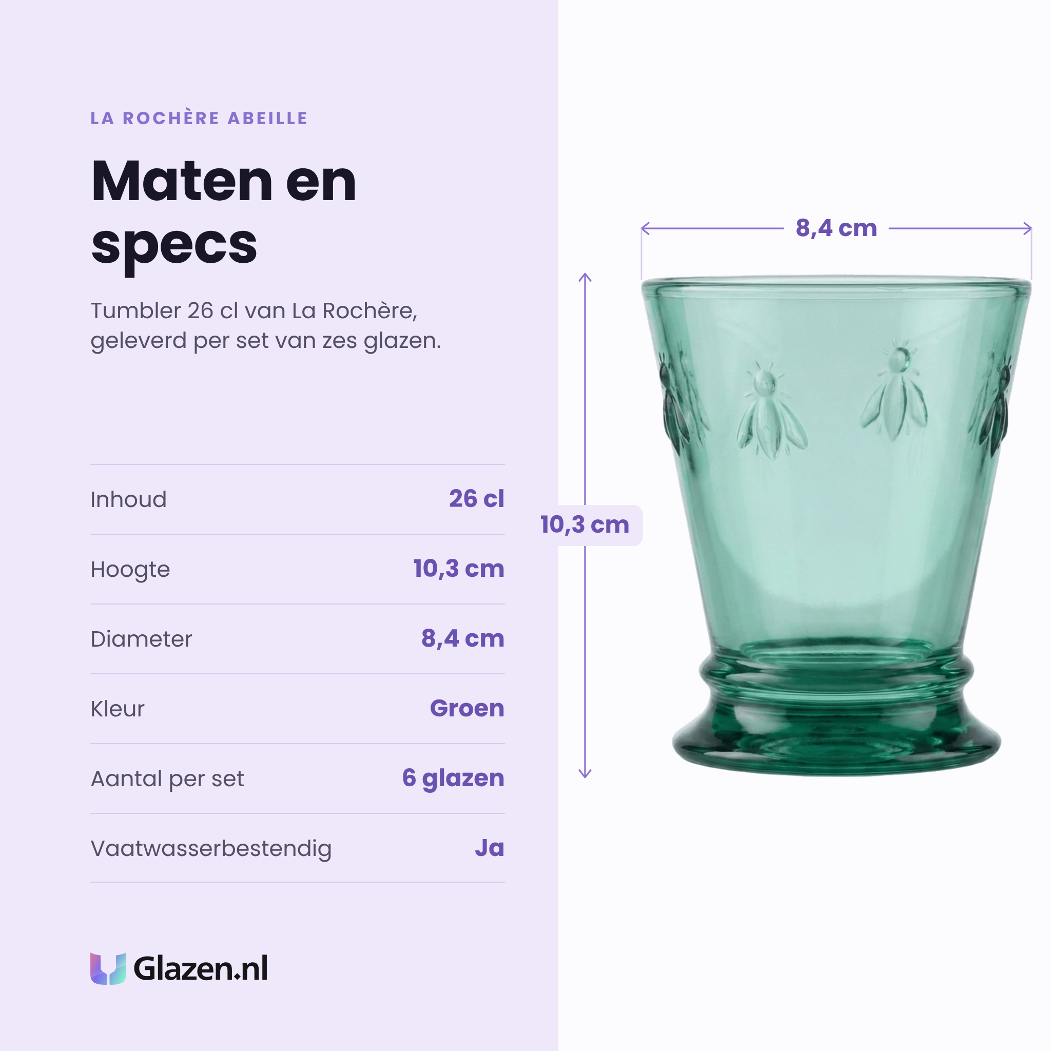 La Rochère Abeille tumbler 26 cl groen specificaties: inhoud 26 cl, hoogte 10,3 cm, diameter 8,4 cm, groen glas, set van 6