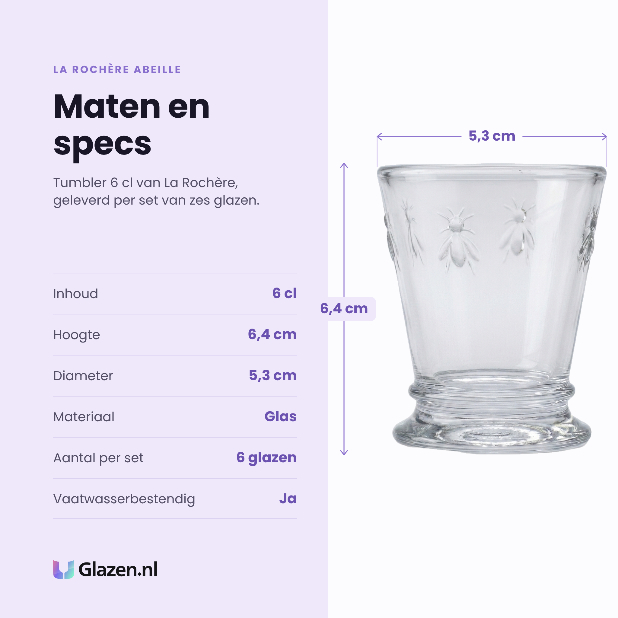 La Rochère Abeille tumbler 6 cl specificaties: inhoud 6 cl, hoogte 6,4 cm, diameter 5,3 cm, glas, set van 6