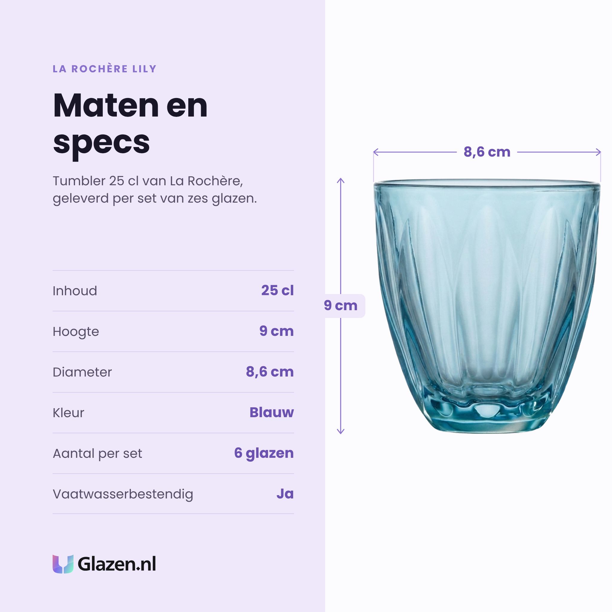 La Rochère Lily tumbler 25 cl specificaties: inhoud 25 cl, hoogte 9 cm, diameter 8,6 cm, blauw, set van 6