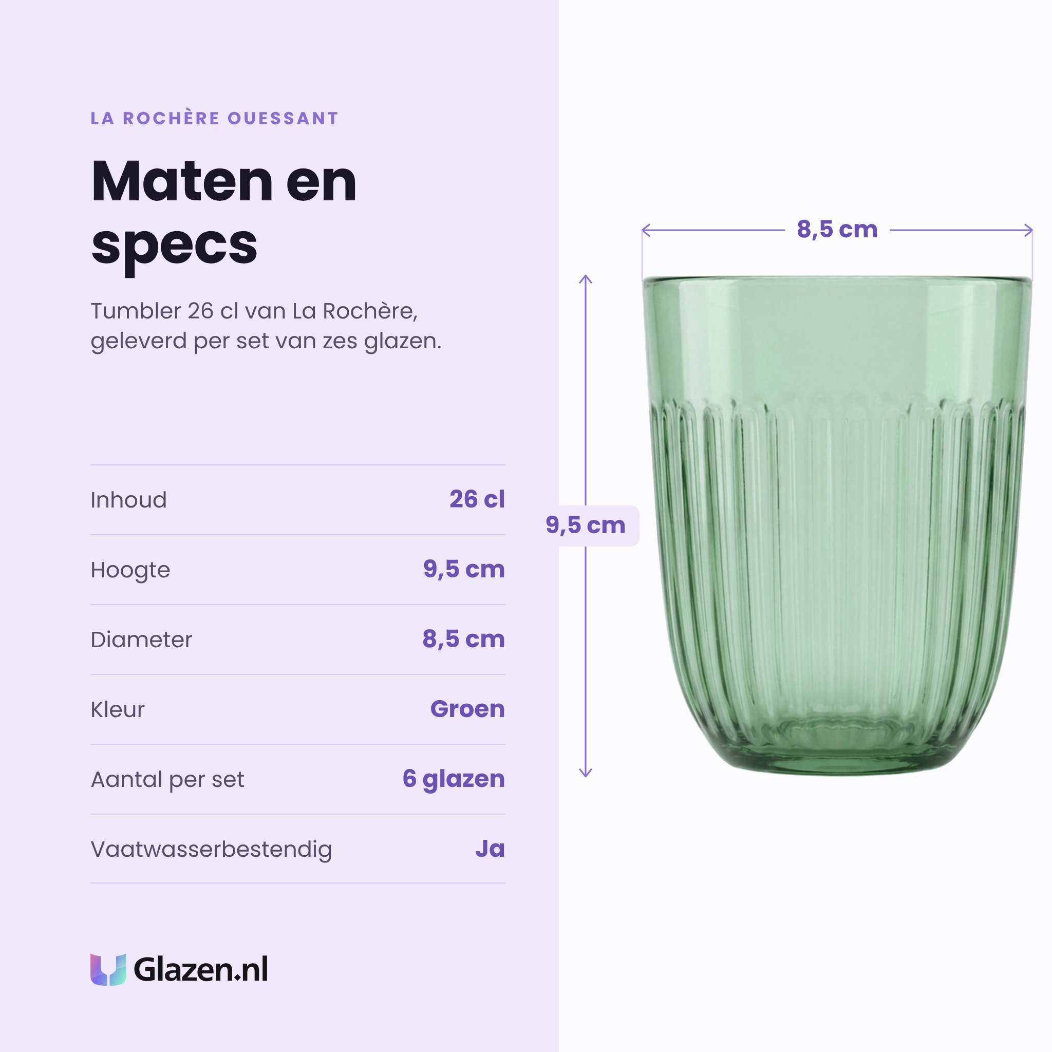 La Rochère Ouessant tumbler 26 cl groen specificaties: inhoud 26 cl, hoogte 9,5 cm, diameter 8,5 cm, groen glas, set van 6