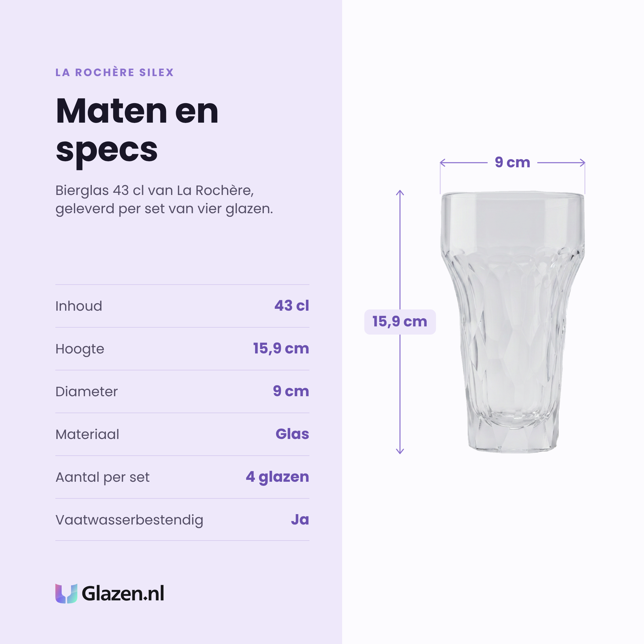 La Rochère Silex bierglas 43 cl specificaties: inhoud 43 cl, hoogte 15,9 cm, diameter 9 cm, glas, set van 4