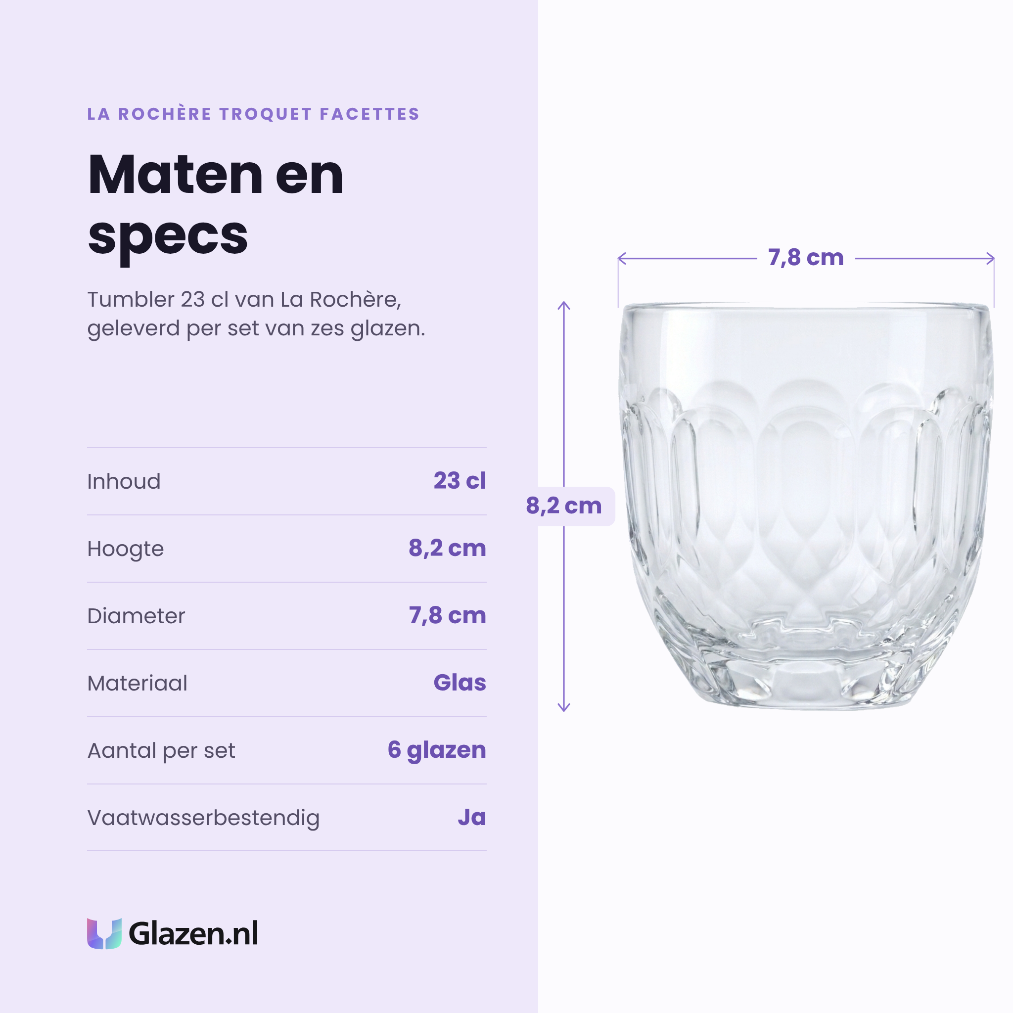 La Rochère Troquet Facettes tumbler 23 cl specificaties: inhoud 23 cl, hoogte 8,2 cm, diameter 7,8 cm, glas, set van 6