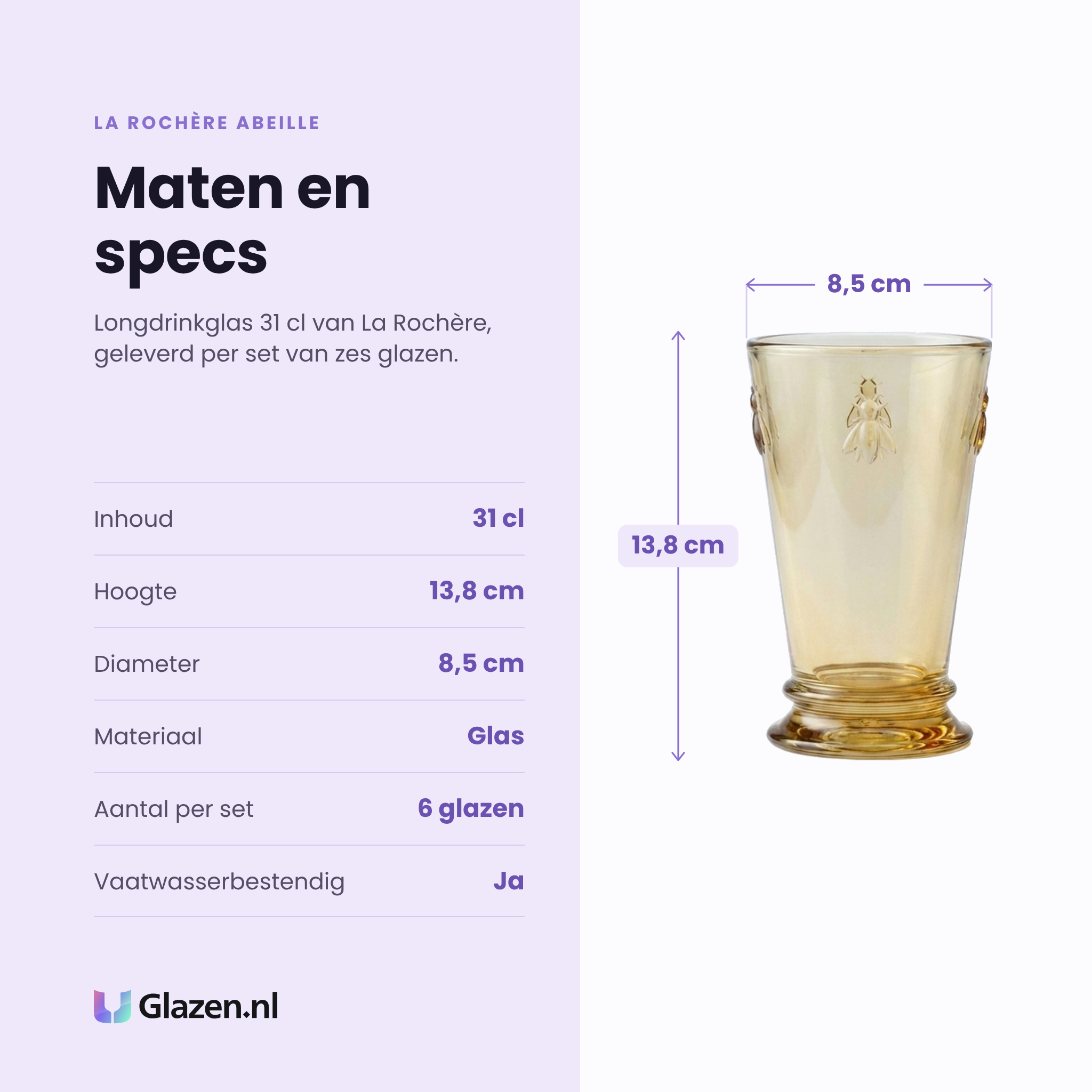 La Rochère Abeille longdrinkglas 31 cl specificaties: inhoud 31 cl, hoogte 13,8 cm, diameter 8,5 cm, glas, set van 6