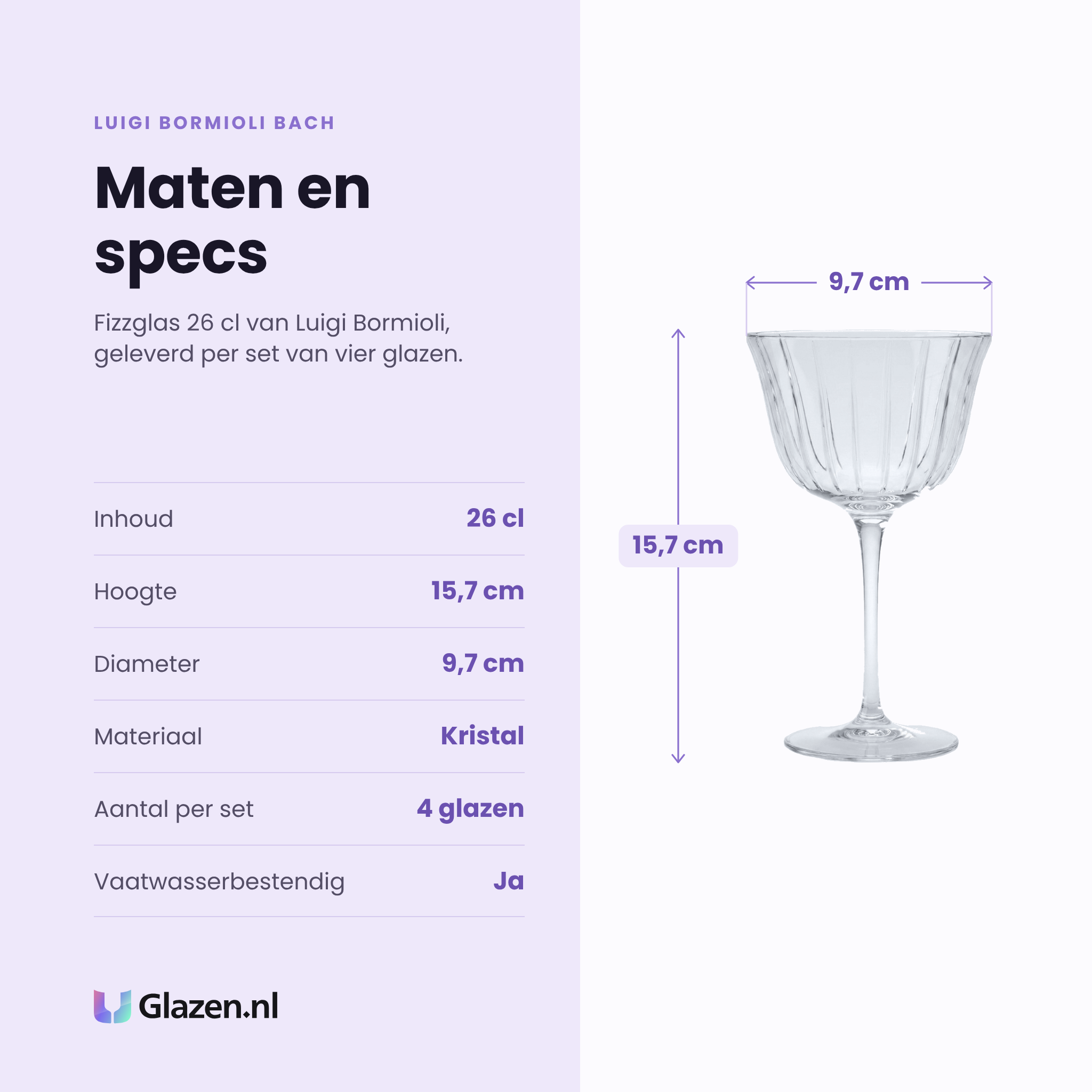 Luigi Bormioli Bach fizzglas 26 cl specificaties: inhoud 26 cl, hoogte 15,7 cm, diameter 9,7 cm, kristal, set van 4