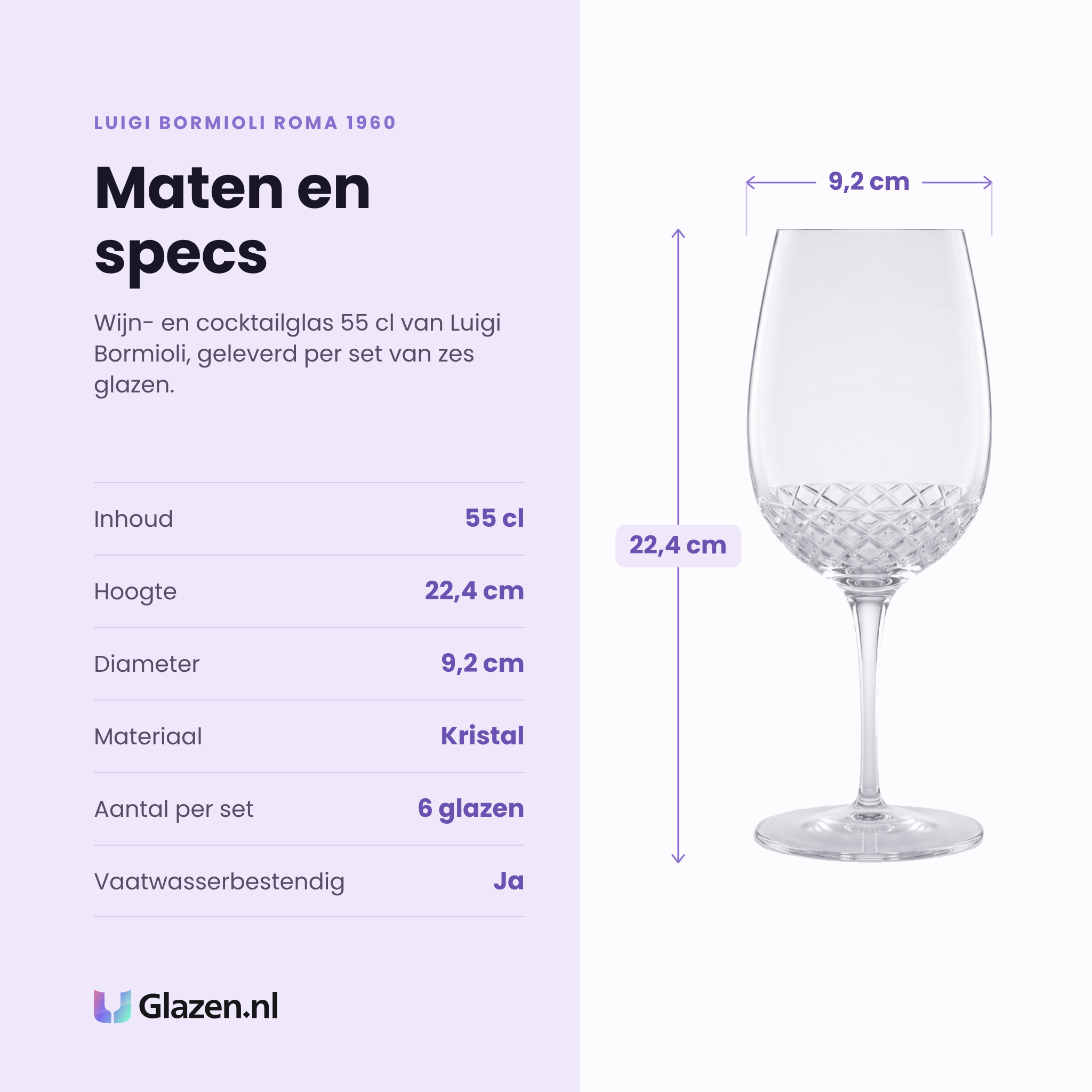 Luigi Bormioli Roma 1960 wijn- en cocktailglas 55 cl specificaties: inhoud 55 cl, hoogte 22,4 cm, diameter 9,2 cm, kristal, set van 6