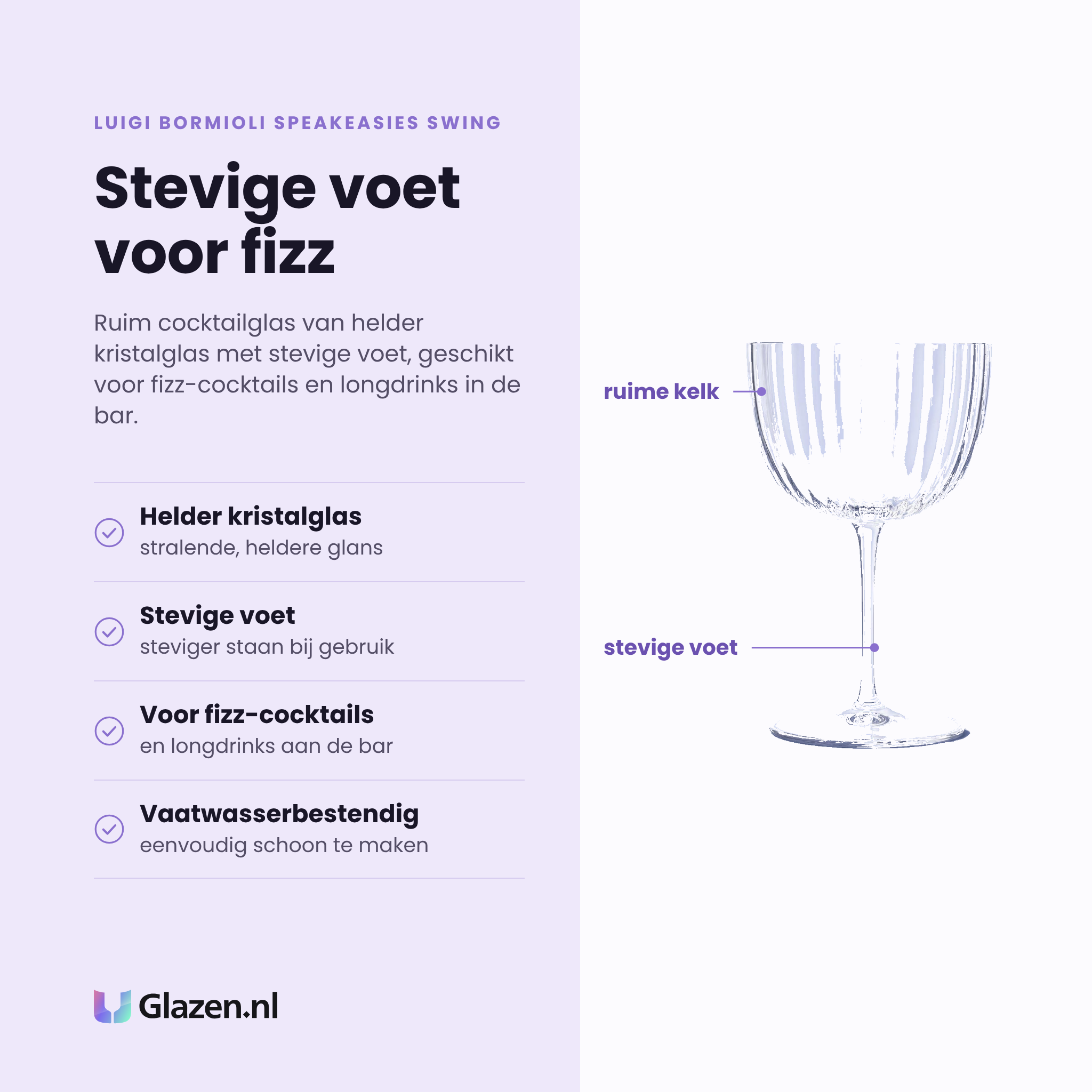 Luigi Bormioli Speakeasies Swing cocktailglas 27 cl eigenschappen: helder kristalglas, stevige voet, voor fizz-cocktails en longdrinks, vaatwasserbestendig