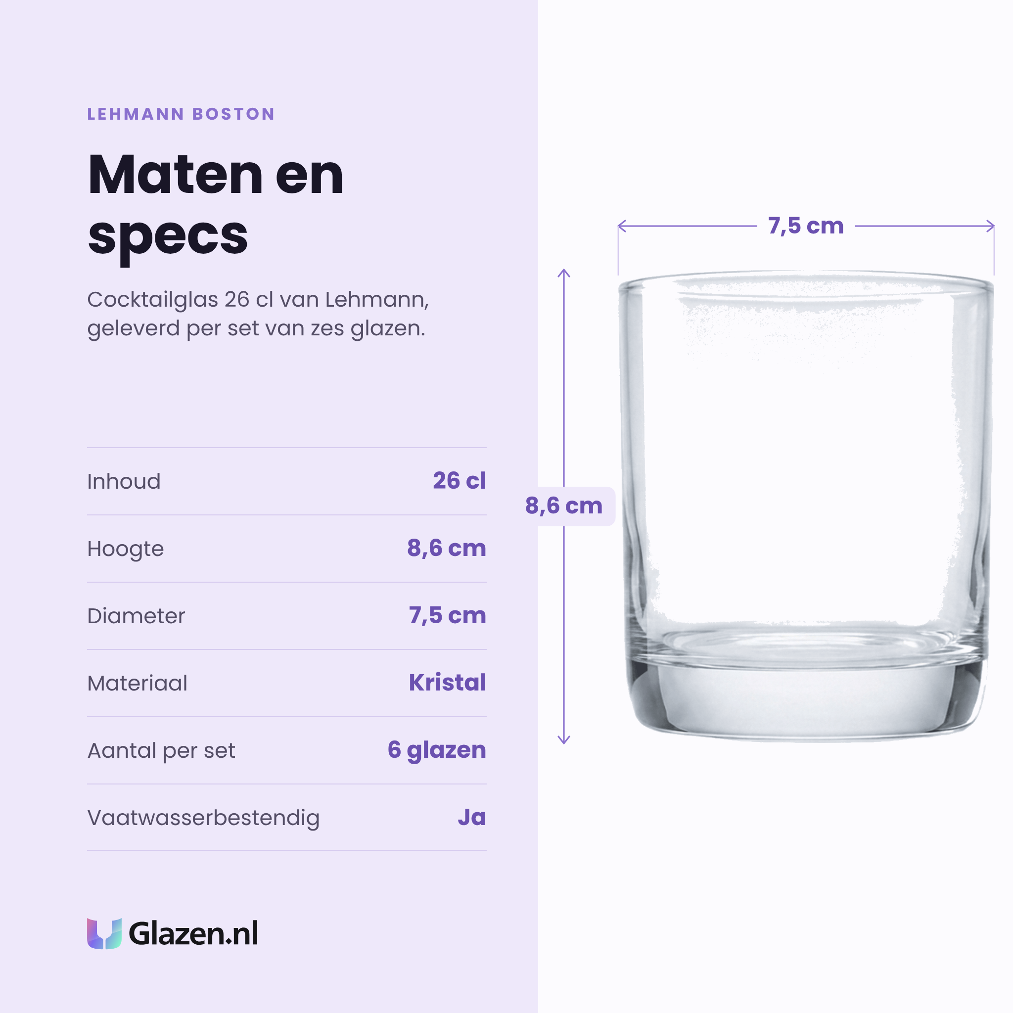 Lehmann Boston cocktailglas 26 cl specificaties: inhoud 26 cl, hoogte 8,6 cm, diameter 7,5 cm, kristal, set van 6