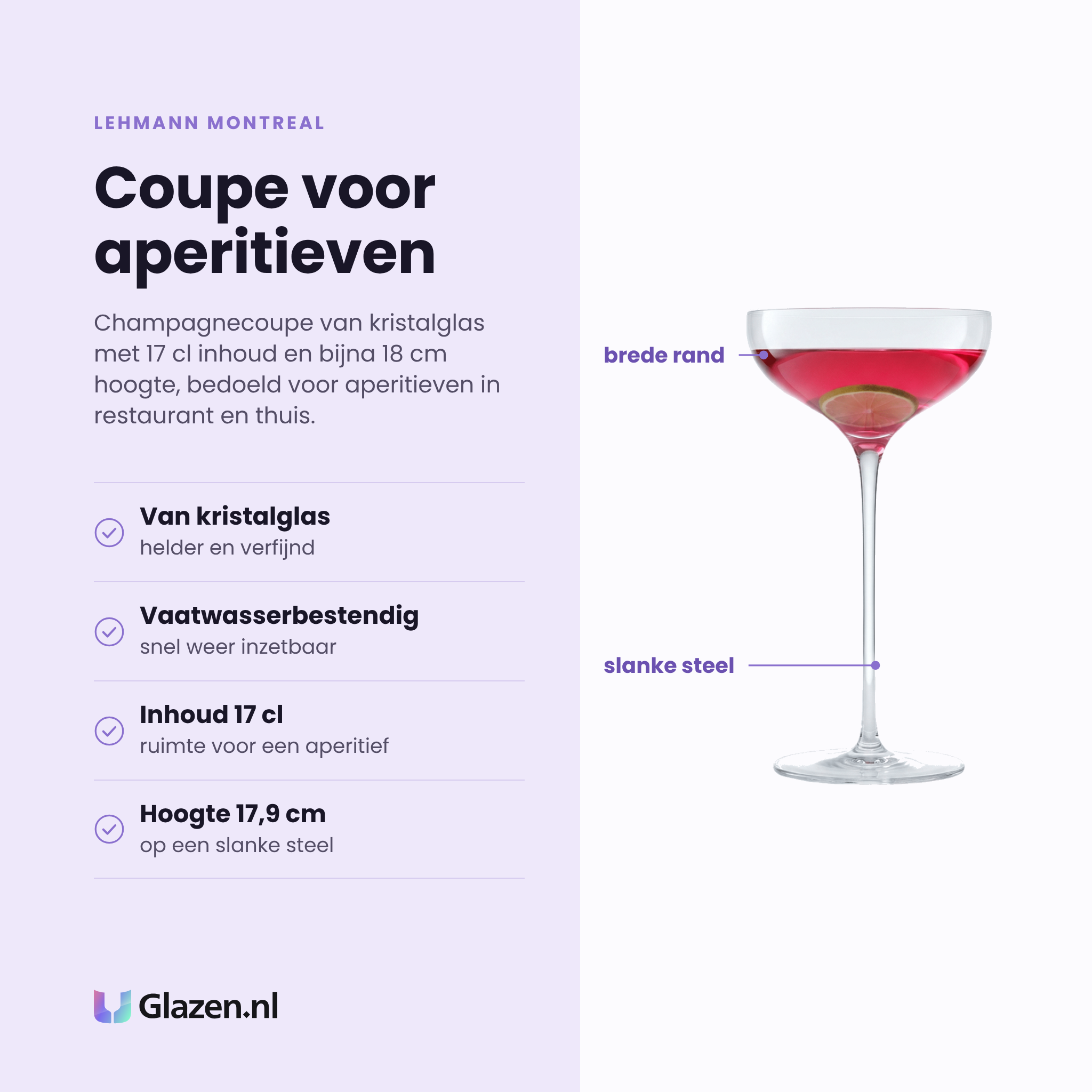 Lehmann Montreal champagnecoupe 17 cl eigenschappen: van kristalglas, vaatwasserbestendig, inhoud 17 cl, hoogte 17,9 cm