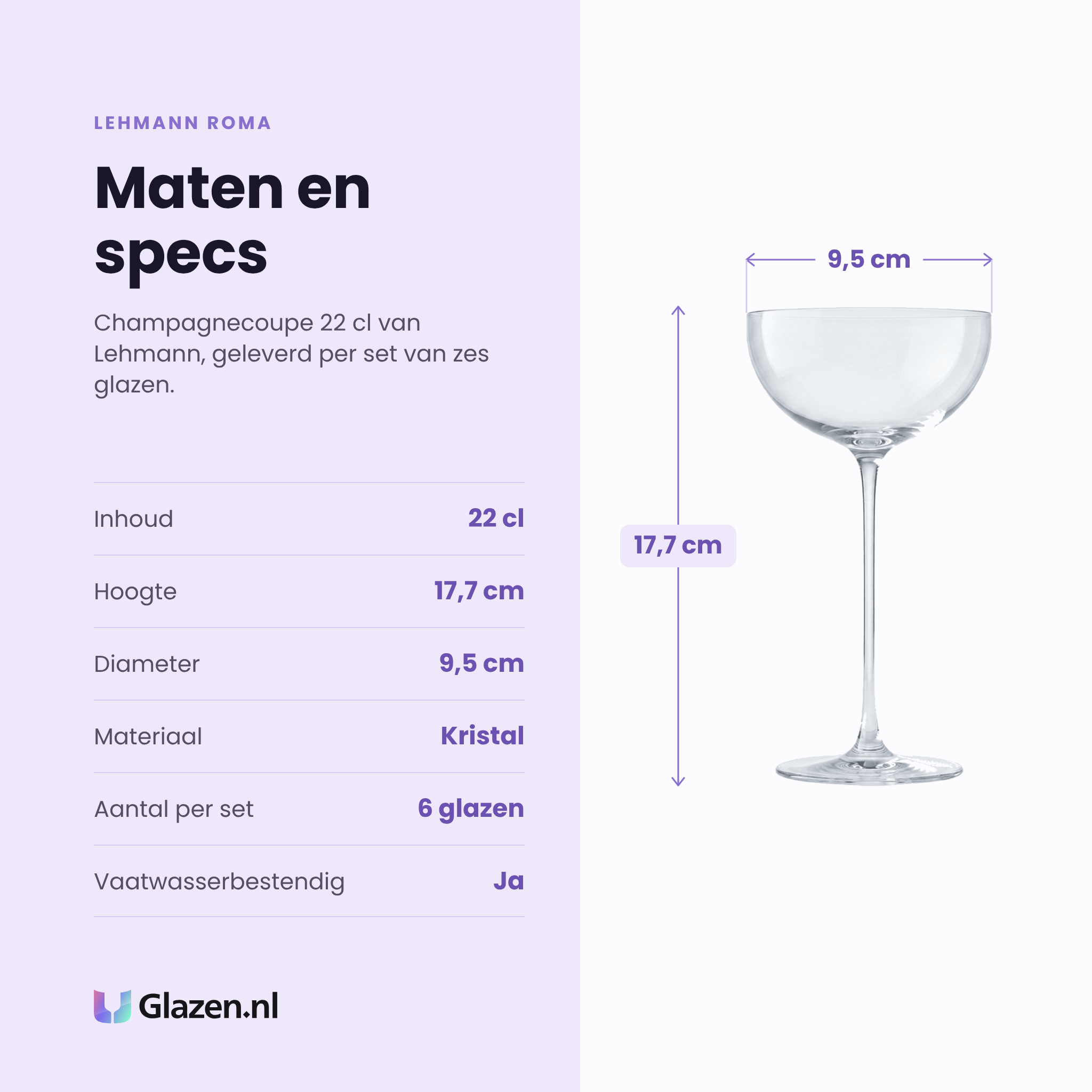 Lehmann Roma champagnecoupe 22 cl specificaties: inhoud 22 cl, hoogte 17,7 cm, diameter 9,5 cm, kristal, set van 6