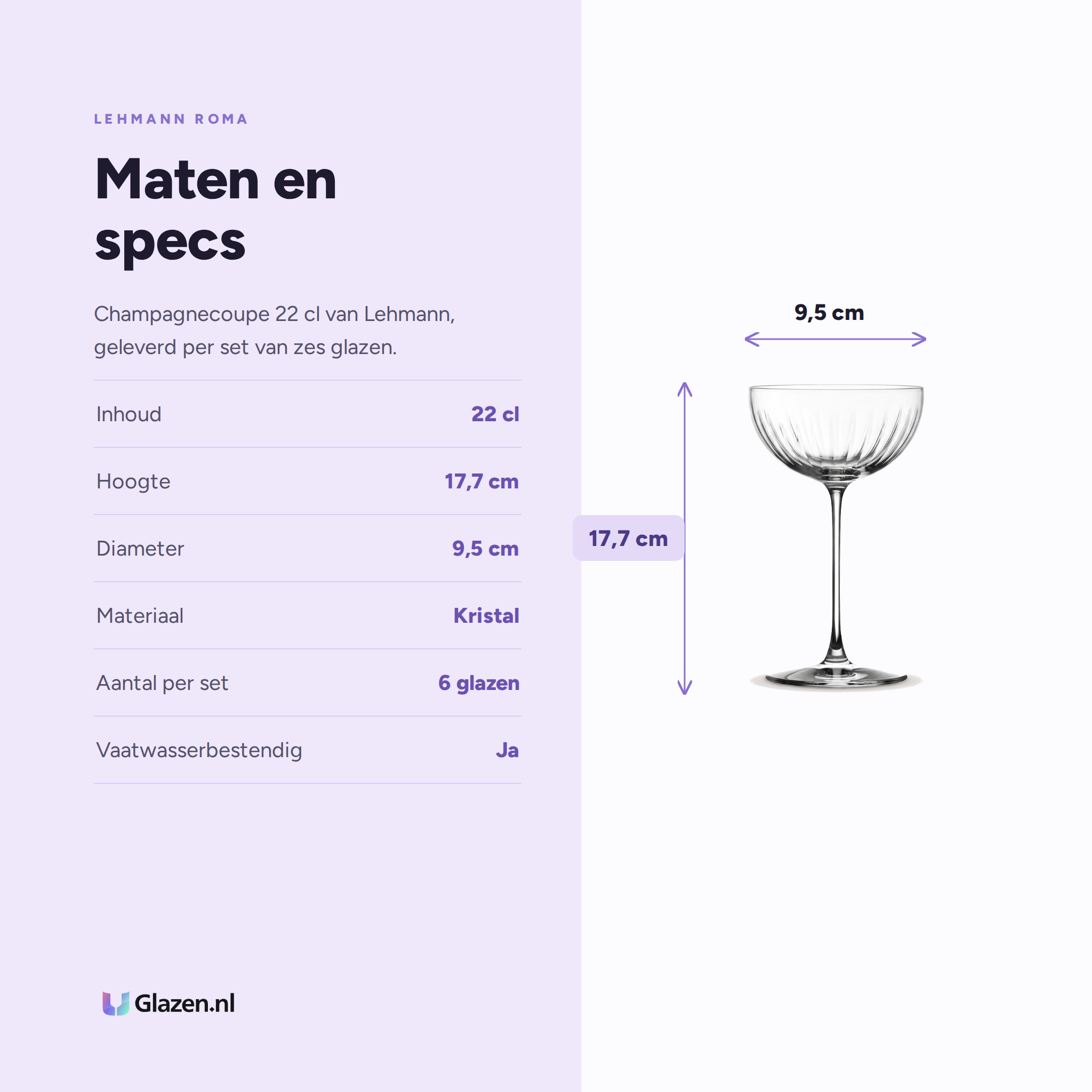 Lehmann Roma Champagneglas / Coupe 22 Cl specificaties: inhoud 22 cl, hoogte 17,7 cm, diameter 9,5 cm, materiaal Kristal, aantal per set 6 glazen, vaatwasserbestendig Ja