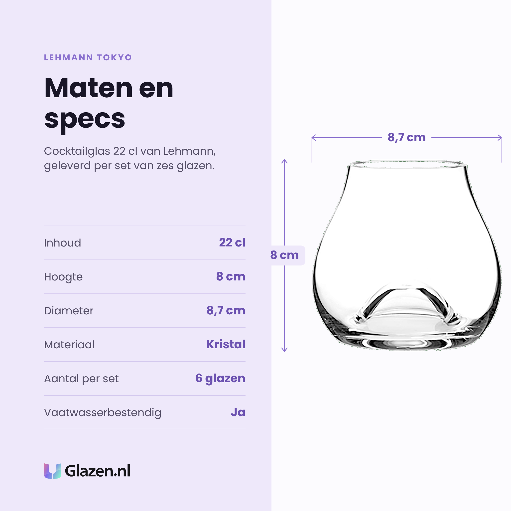 Lehmann Tokyo cocktailglas 22 cl specificaties: inhoud 22 cl, hoogte 8 cm, diameter 8,7 cm, kristal, set van 6