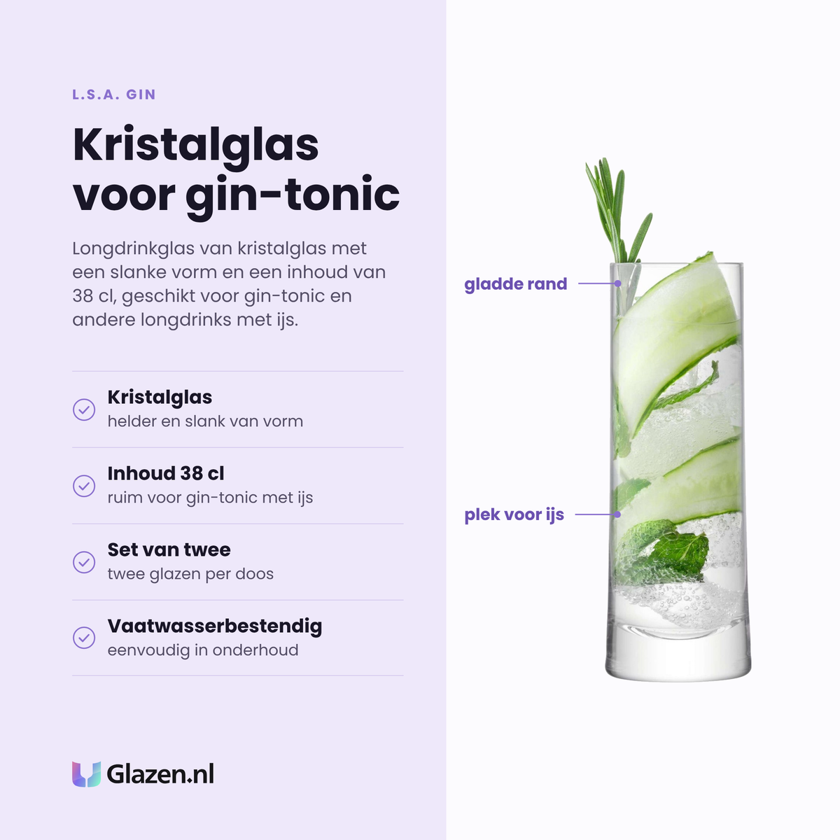 L.S.A. Gin longdrinkglas 38 cl eigenschappen: kristalglas, slanke vorm, inhoud 38 cl, vaatwasserbestendig