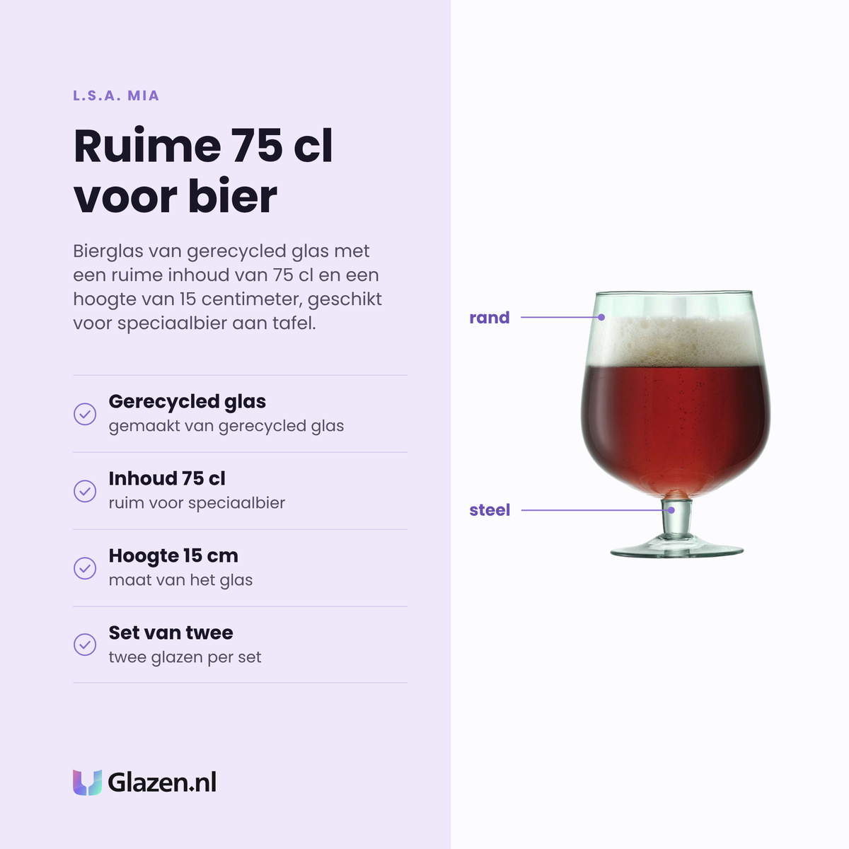 L.S.A. Mia bierglas 75 cl eigenschappen: gerecycled glas, inhoud 75 cl, hoogte 15 cm, set van twee