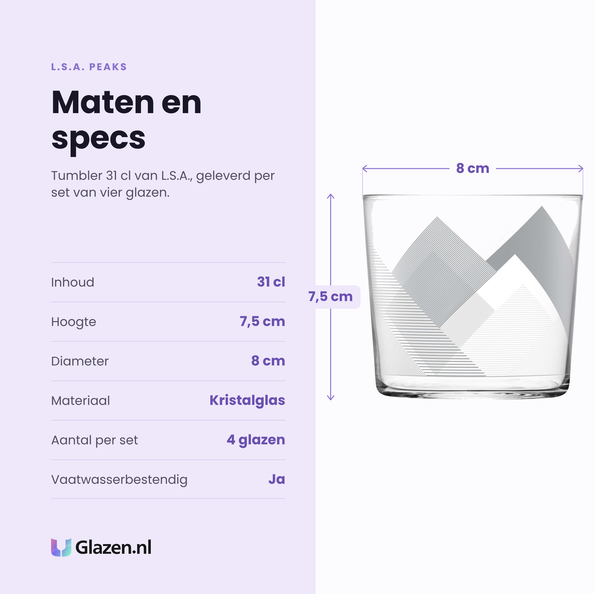 L.S.A. Peaks tumbler 31 cl specificaties: inhoud 31 cl, hoogte 7,5 cm, diameter 8 cm, kristalglas, set van 4