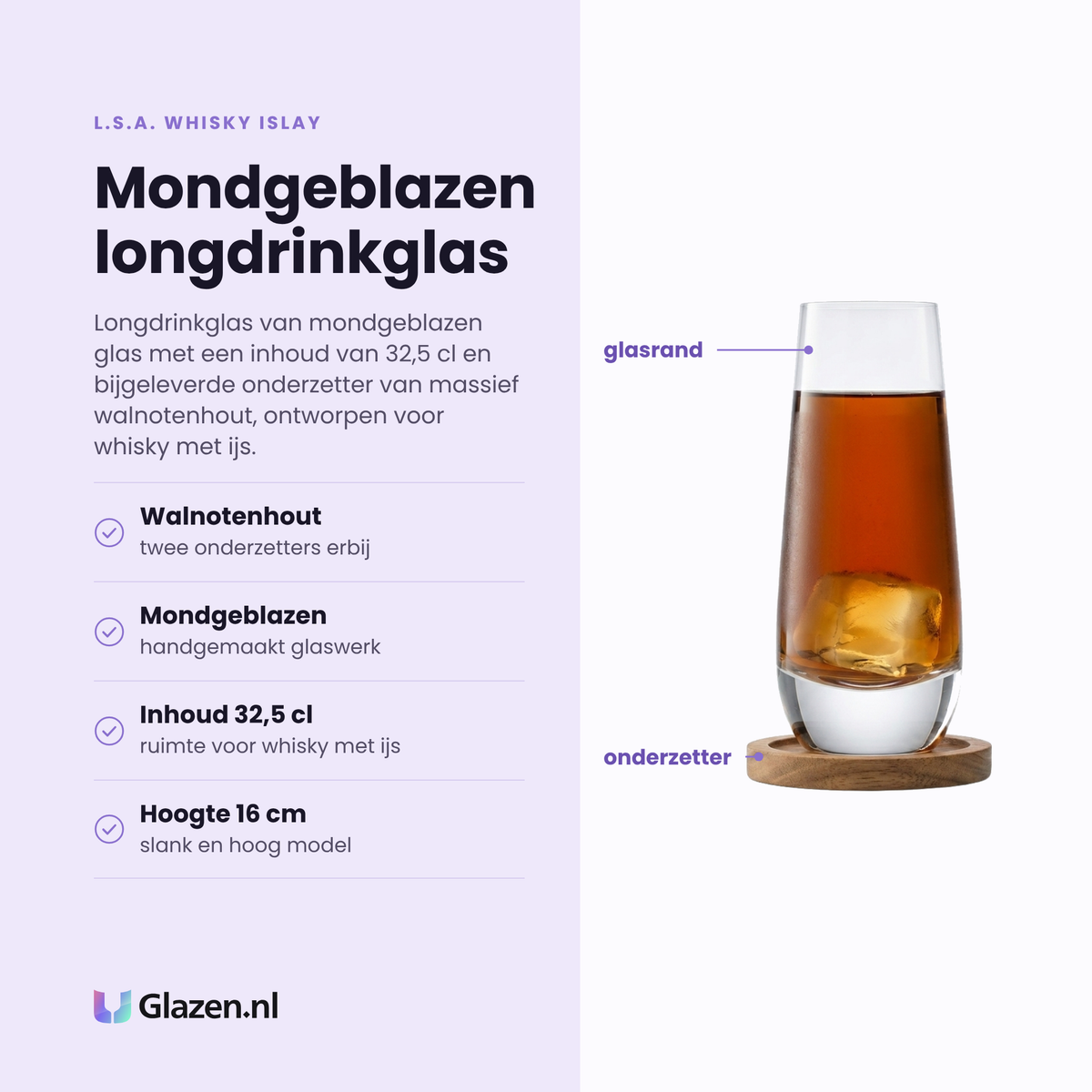 L.S.A. Whisky Islay longdrinkglas 32,5 cl eigenschappen: twee onderzetters van walnotenhout, mondgeblazen glaswerk, inhoud 32,5 cl, hoogte 16 cm