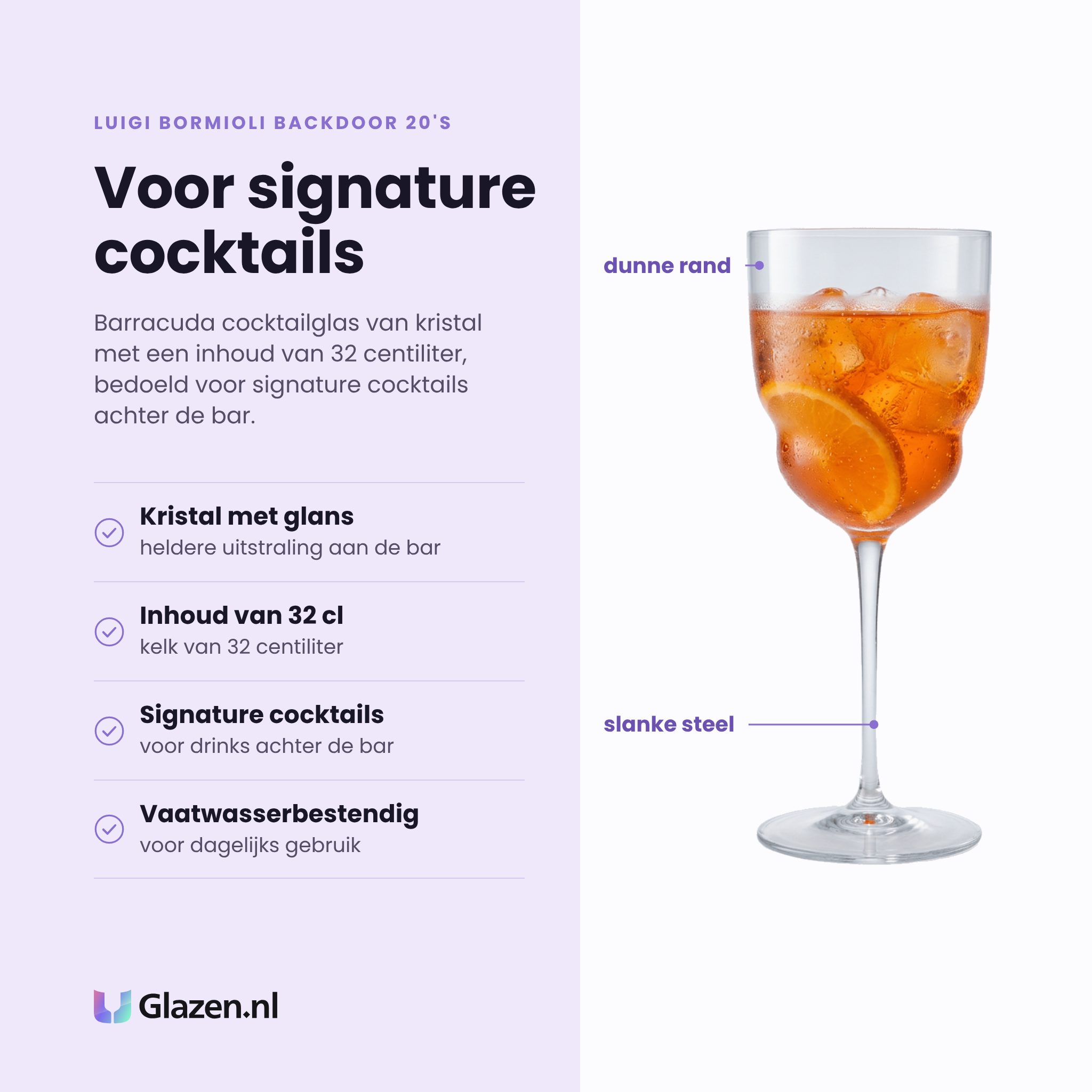 Luigi Bormioli Backdoor 20'S cocktailglas 32 cl eigenschappen: kristal met heldere glans, inhoud van 32 cl, voor signature cocktails, vaatwasserbestendig