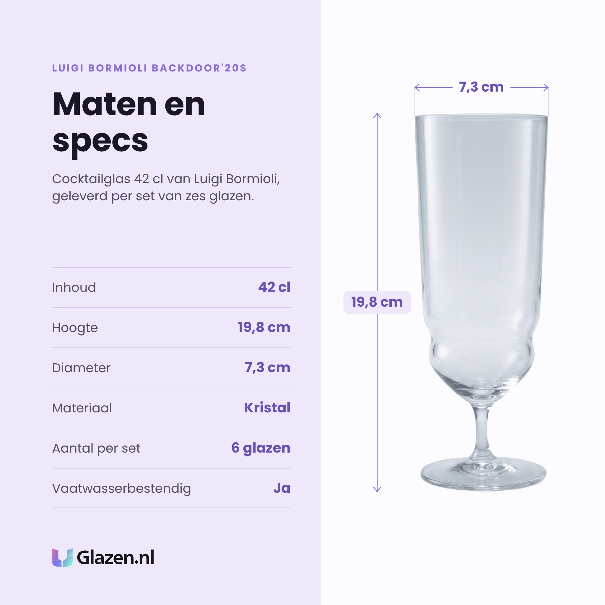 Luigi Bormioli Backdoor'20S cocktailglas 42 cl specificaties: inhoud 42 cl, hoogte 19,8 cm, diameter 7,3 cm, kristal, set van 6