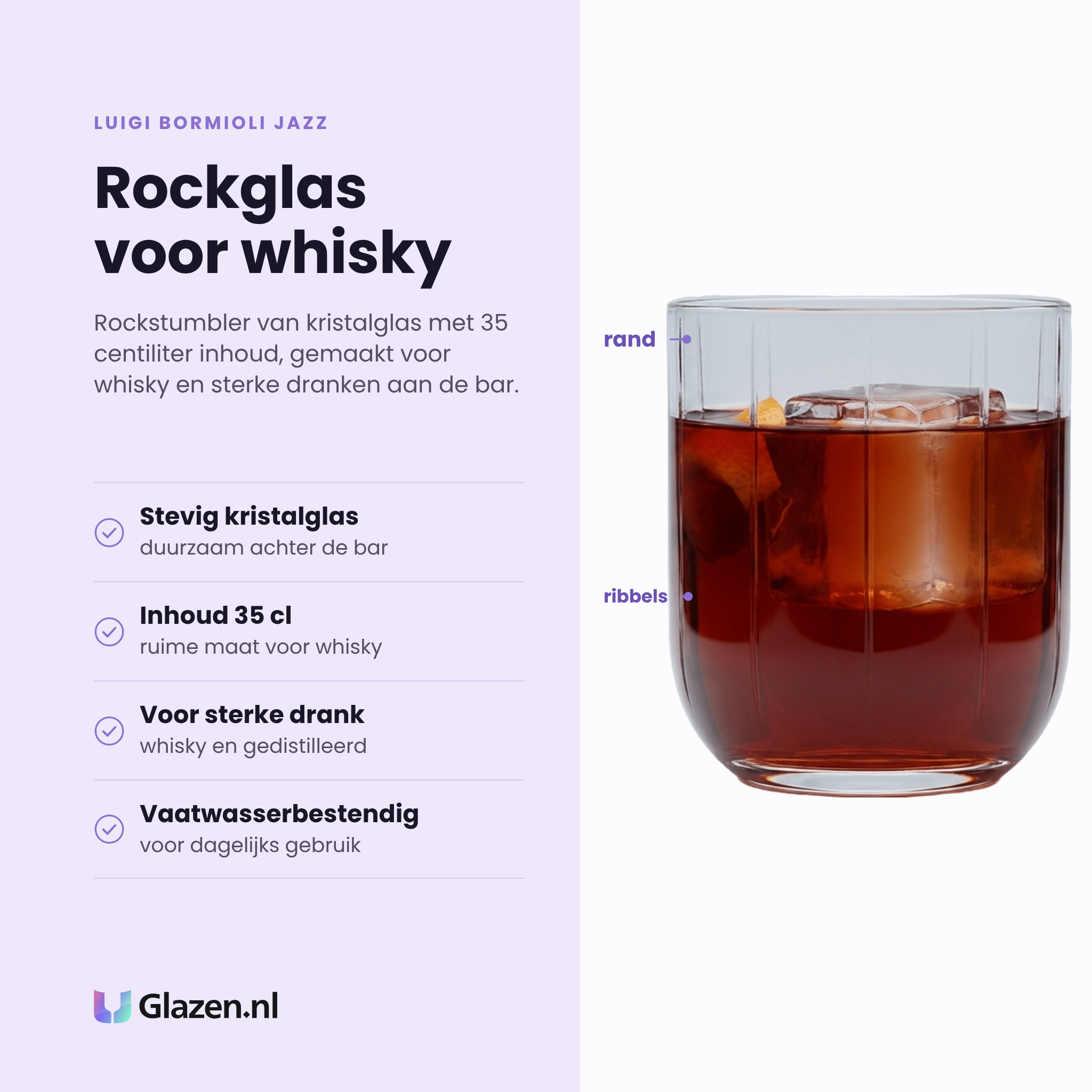 Luigi Bormioli Jazz tumbler 35 cl eigenschappen: stevig kristalglas, ruime maat van 35 cl, voor whisky en gedistilleerd, vaatwasserbestendig