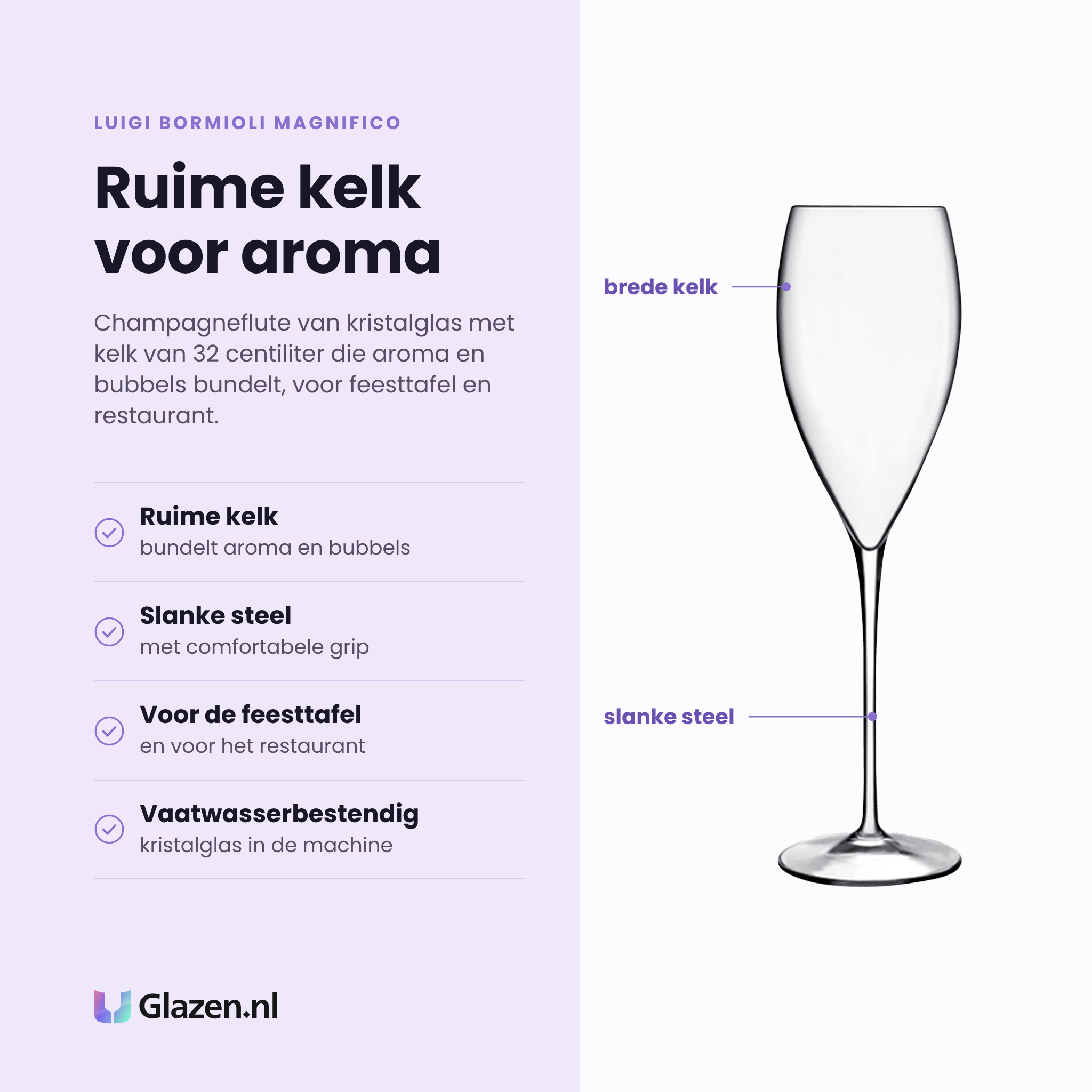 Luigi Bormioli Magnifico champagneflute 32 cl eigenschappen: kristalglas, kelk bundelt aroma en bubbels, slanke steel met comfortabele grip, vaatwasserbestendig