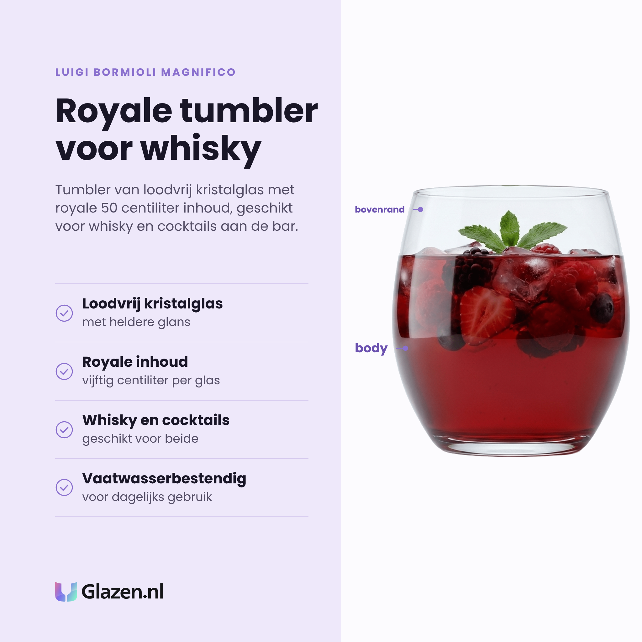 Luigi Bormioli Magnifico tumbler 50 cl eigenschappen: loodvrij kristalglas, royale inhoud van 50 cl, geschikt voor whisky en cocktails, vaatwasserbestendig
