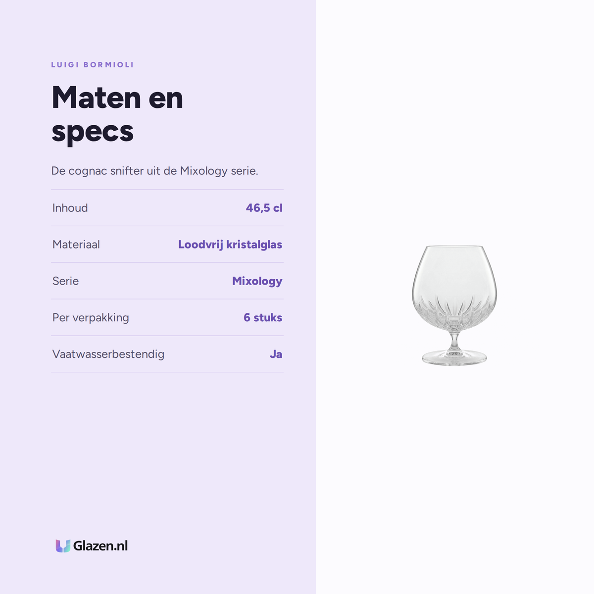 Maten en specs van Luigi Bormioli Mixology Cognacglas 46,5 Cl