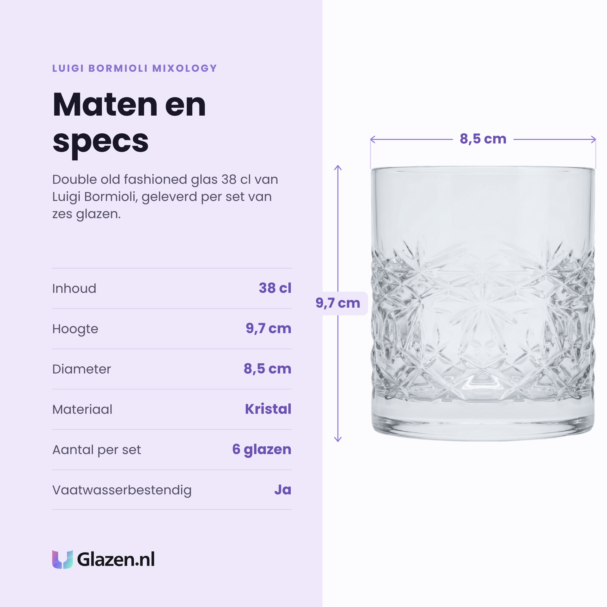 Luigi Bormioli Mixology Textures double old fashioned glas 38 cl specificaties: inhoud 38 cl, hoogte 9,7 cm, diameter 8,5 cm, kristal, set van 6