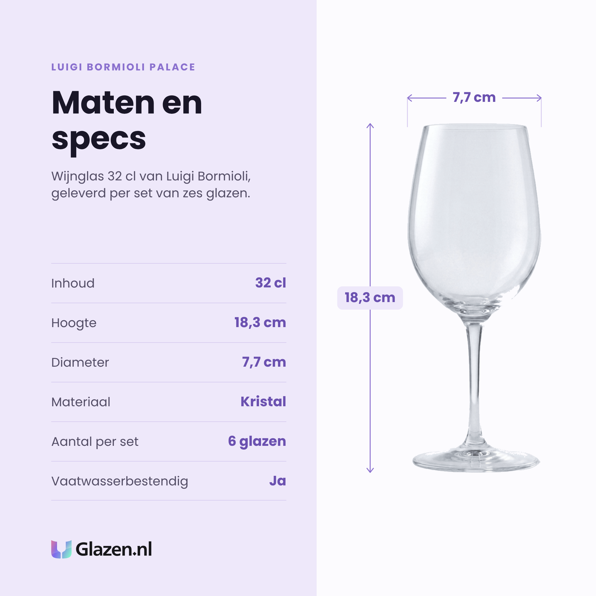 Luigi Bormioli Palace wijnglas 32 cl specificaties: inhoud 32 cl, hoogte 18,3 cm, diameter 7,7 cm, kristal, set van 6
