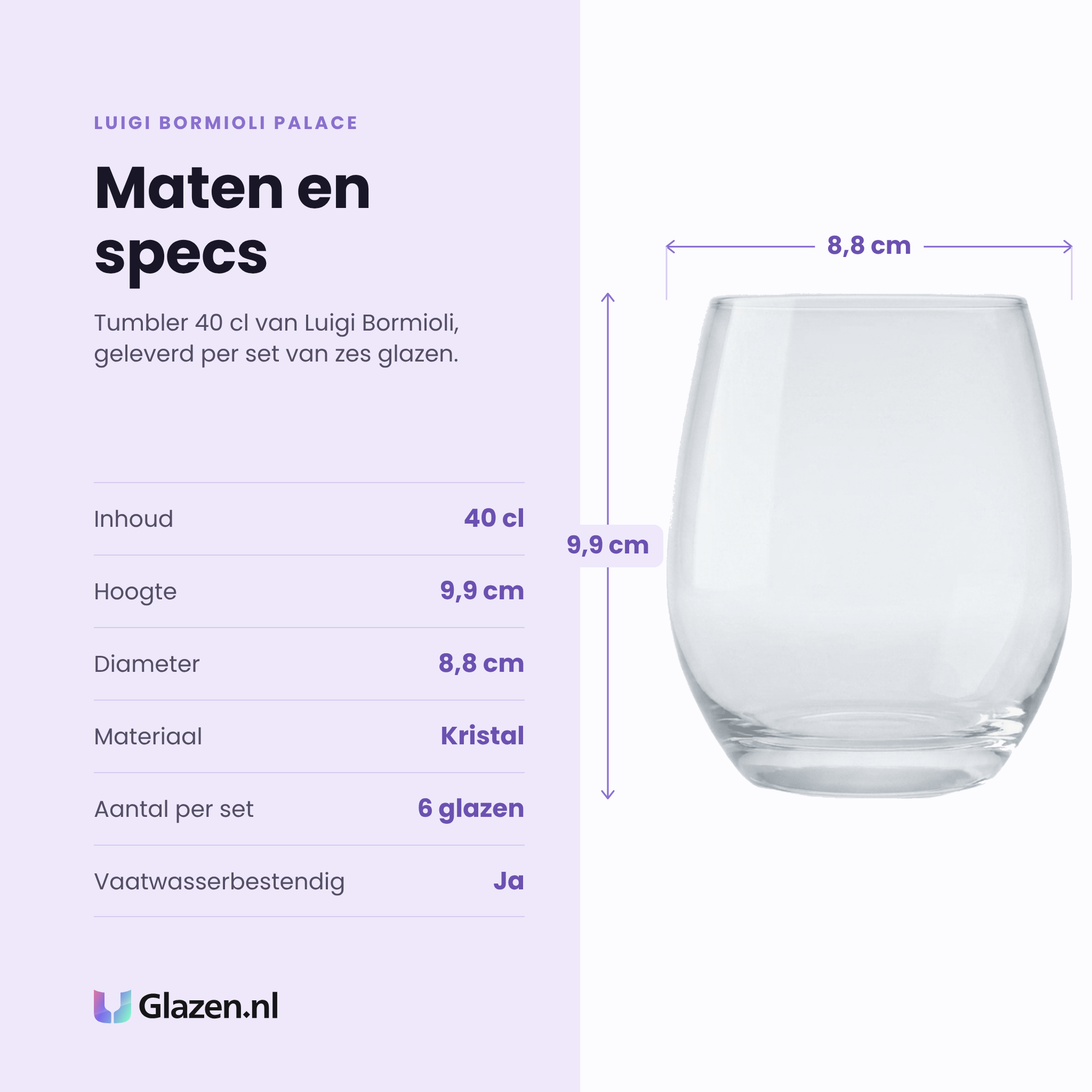 Luigi Bormioli Palace tumbler 40 cl specificaties: inhoud 40 cl, hoogte 9,9 cm, diameter 8,8 cm, kristal, set van 6